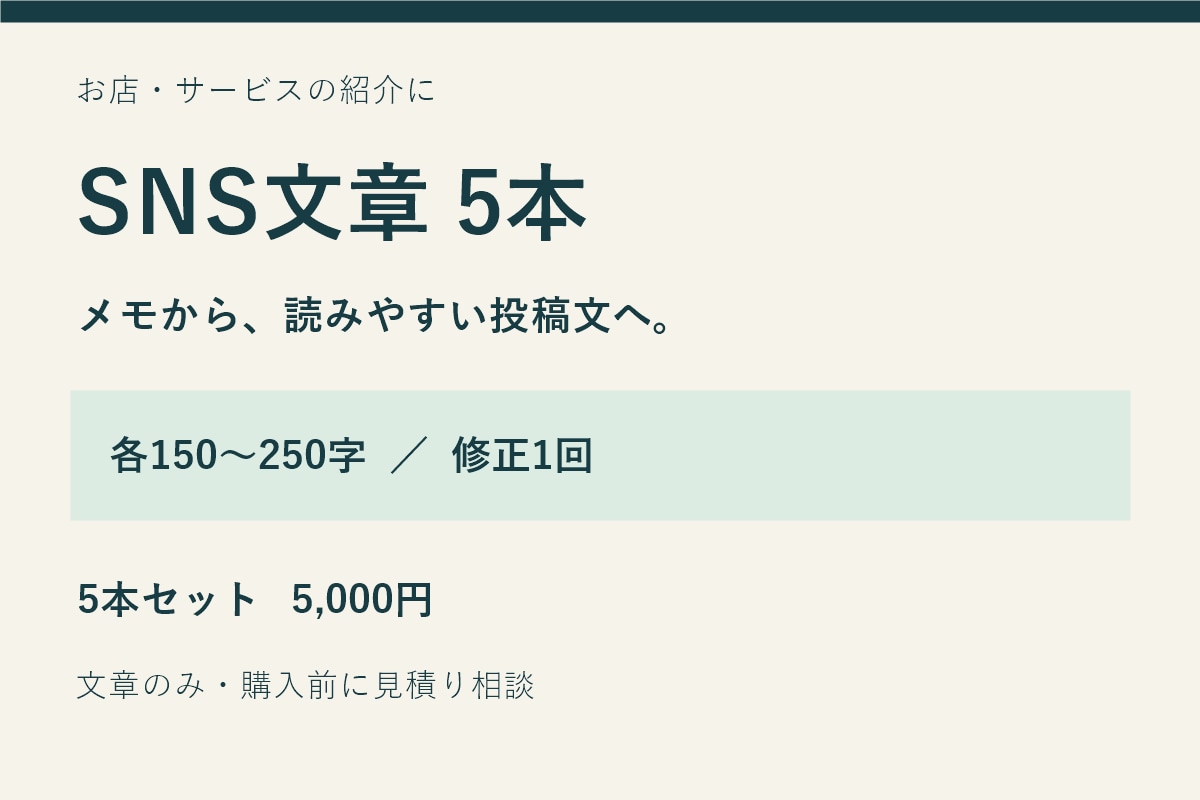 お店の紹介用SNS文章を5本作成します メモから投稿文へ。各150〜250字・修正1回 イメージ1