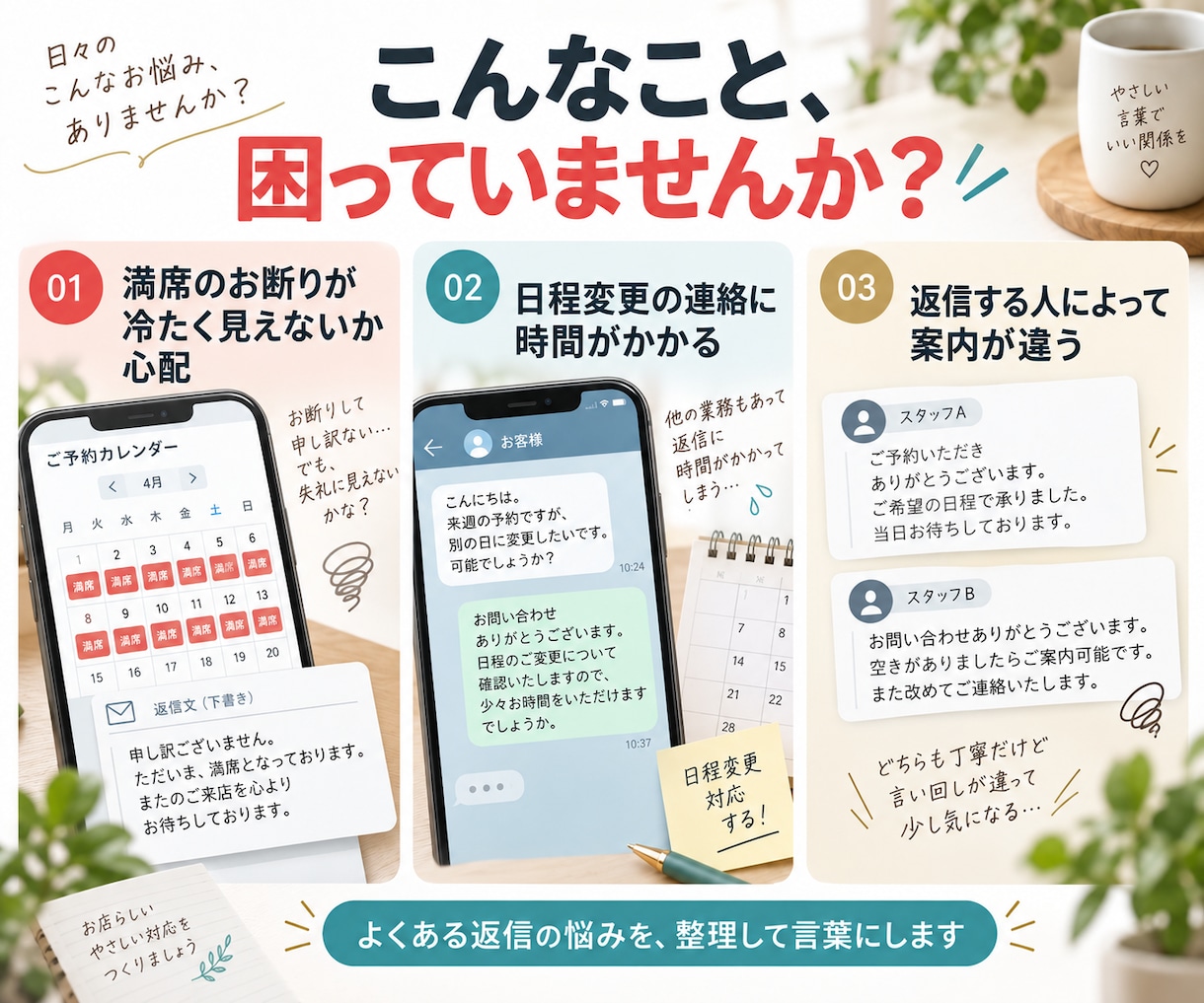 お客様への返信テンプレートを作ります 断るときも案内するときも、お店らしい言葉で返せる イメージ2