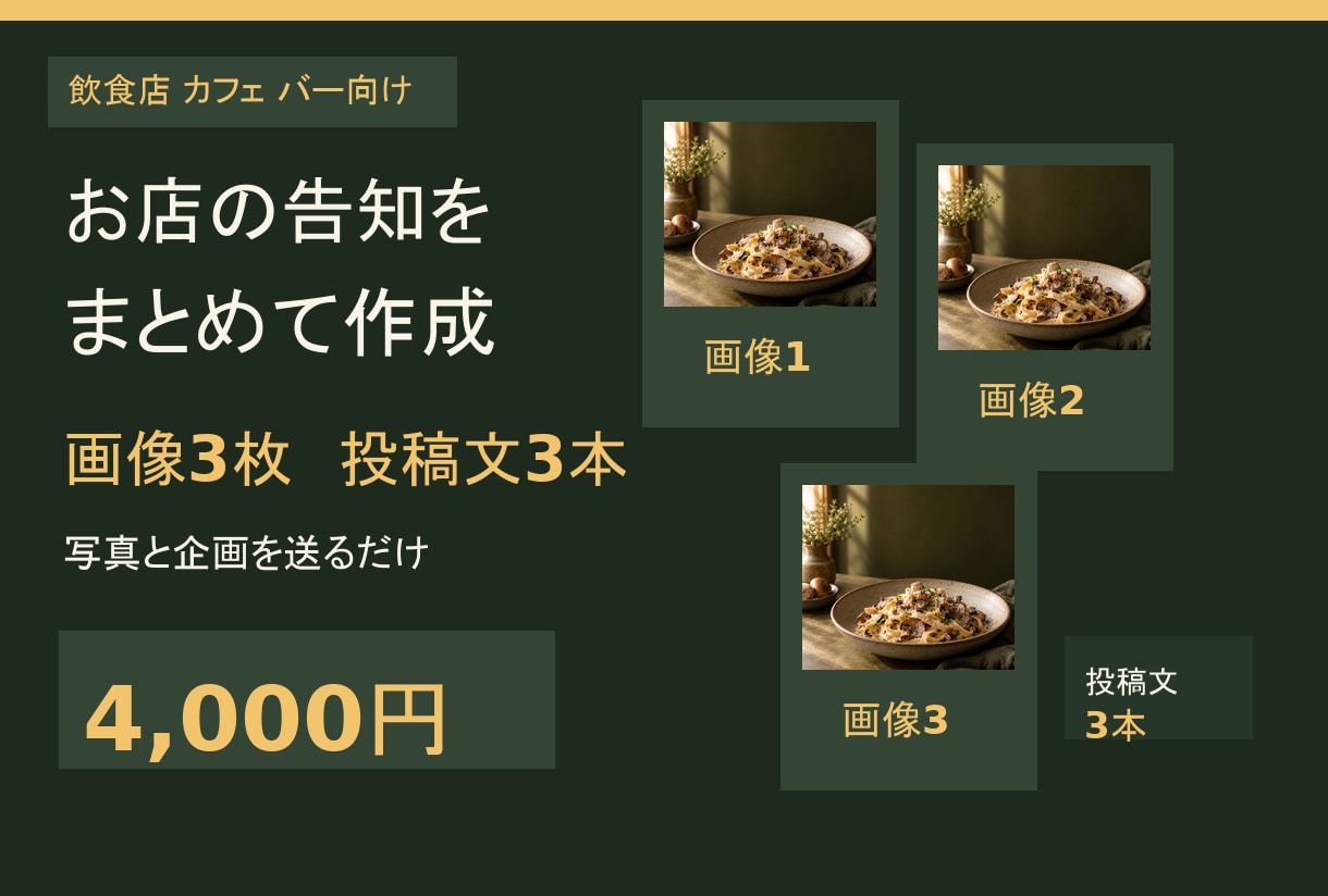 飲食店の告知画像3枚と投稿文3本を作ります 企画を伝えるだけ。画像と文章をまとめて納品 イメージ1