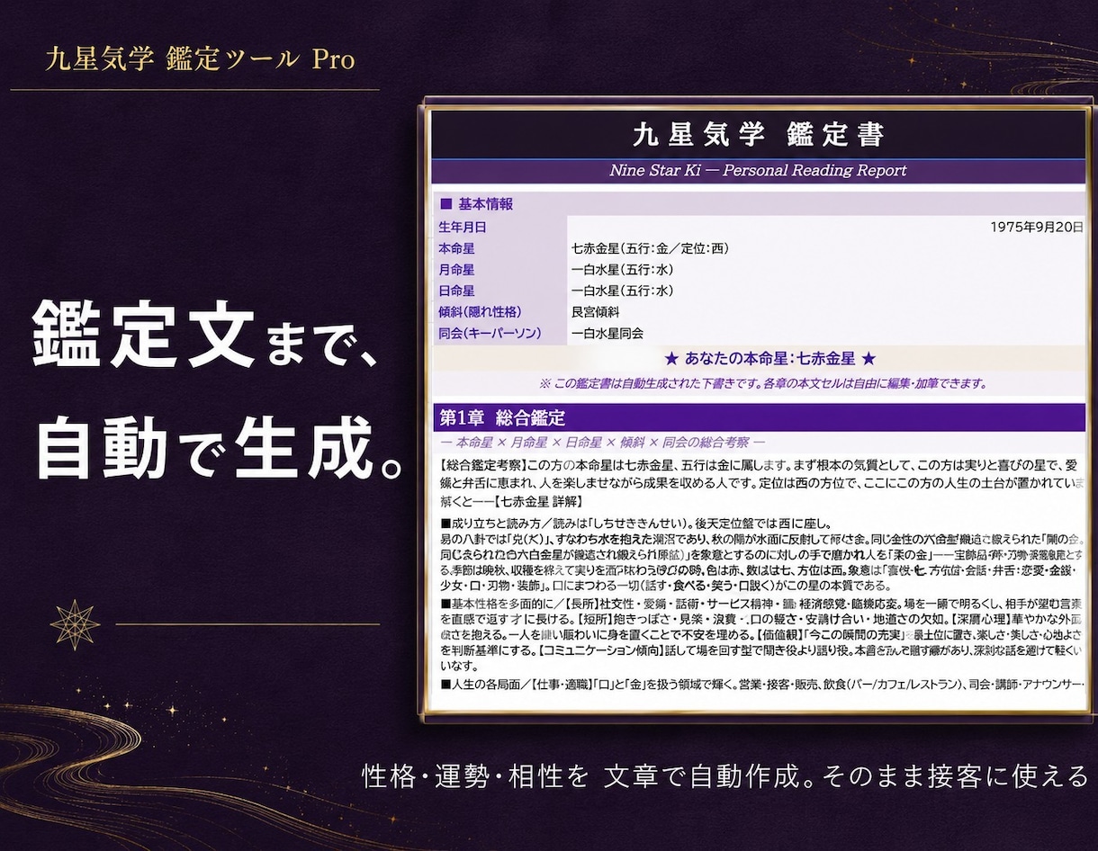 九星気学ツール自動鑑定を提供致します Excel不要。なぜこの結果かまで自動で表示。 イメージ2