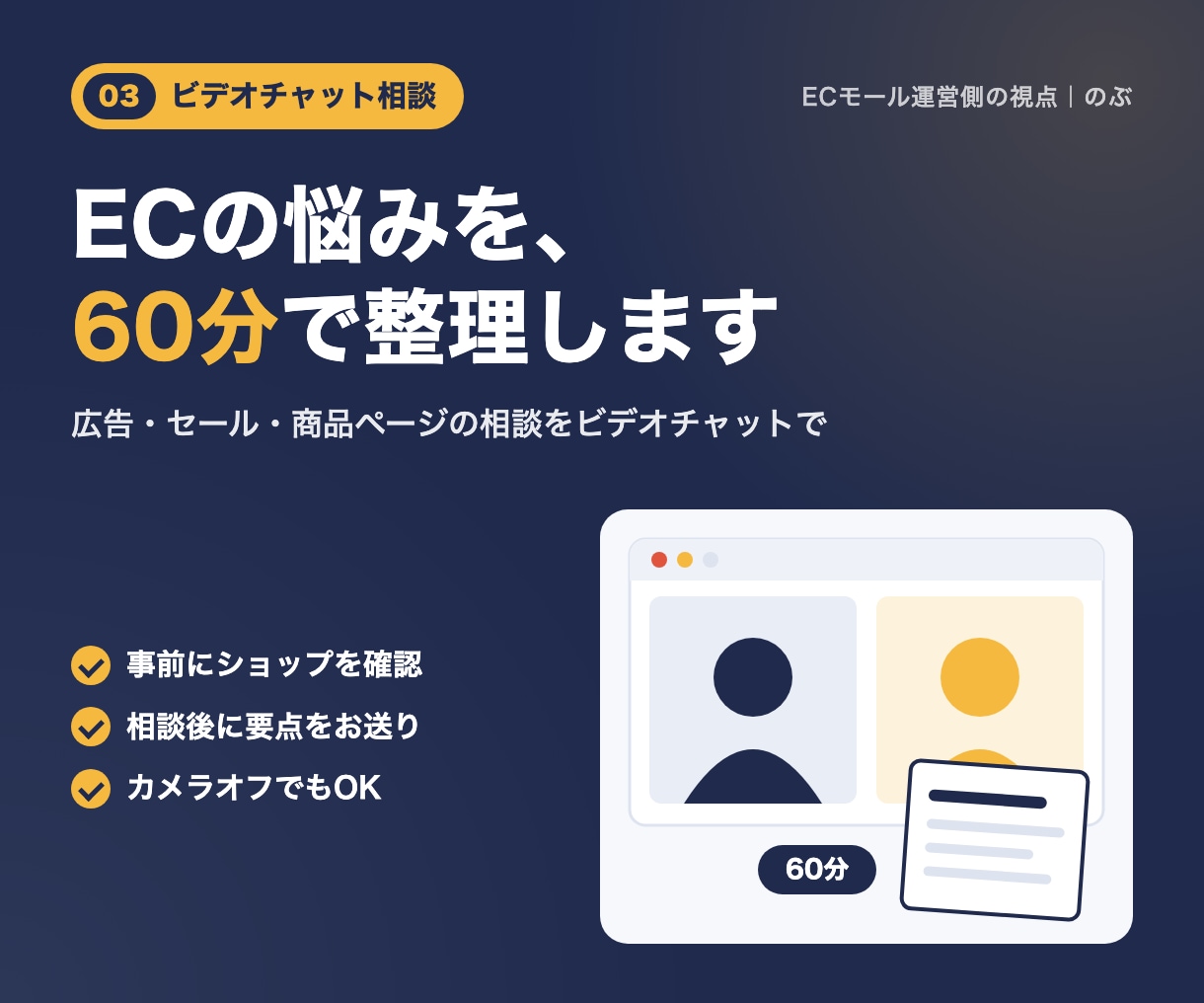 EC売上の伸び悩みをビデオチャットで相談に乗ります 広告・セール・商品ページの悩みを60分で整理します イメージ1