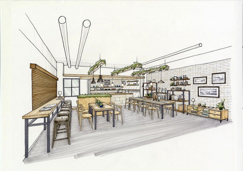 デジタル手描きマーカー調パース（店舗空間）描きます 図面、参考画像を元に魅力的な空間を描きます。 イメージ4