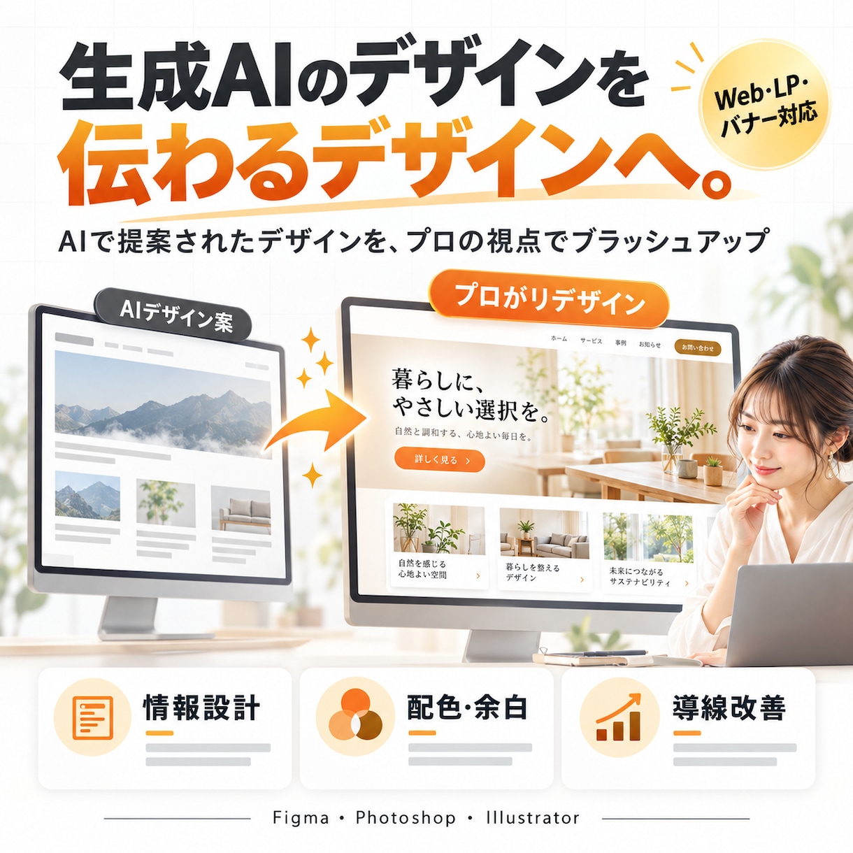 生成AIで作ったデザインを、プロの視点で整えます AI案を活かし、情報設計・配色・余白・導線を整えます イメージ1