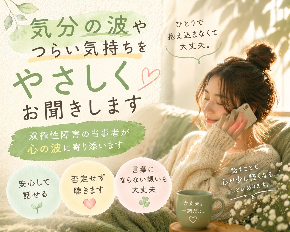 気分の波やツラいお気持ちをお聞きします 双極性障害の当事者が心の波に寄り添います イメージ1