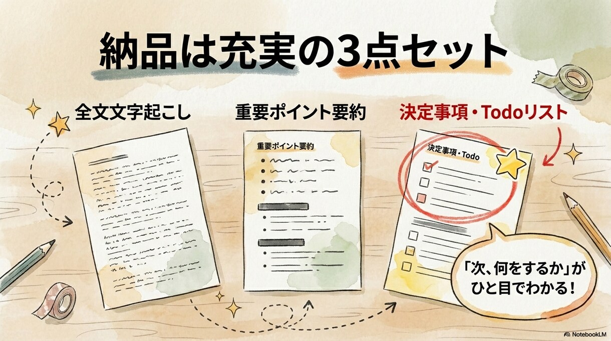 議事録・要約付！AI×人の手で文字起こしします 「読む時間がない」を解決。決定事項・ネクストアクションを整理 イメージ4