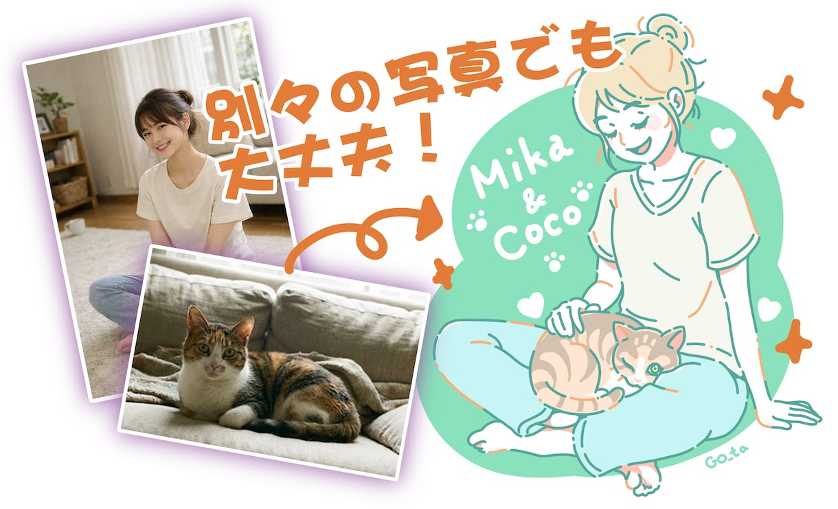 お洒落で温かいニューレトロ似顔絵イラスト描きます バラバラの写真も一枚絵に！雑貨のようなお洒落なギフト似顔絵 イメージ1