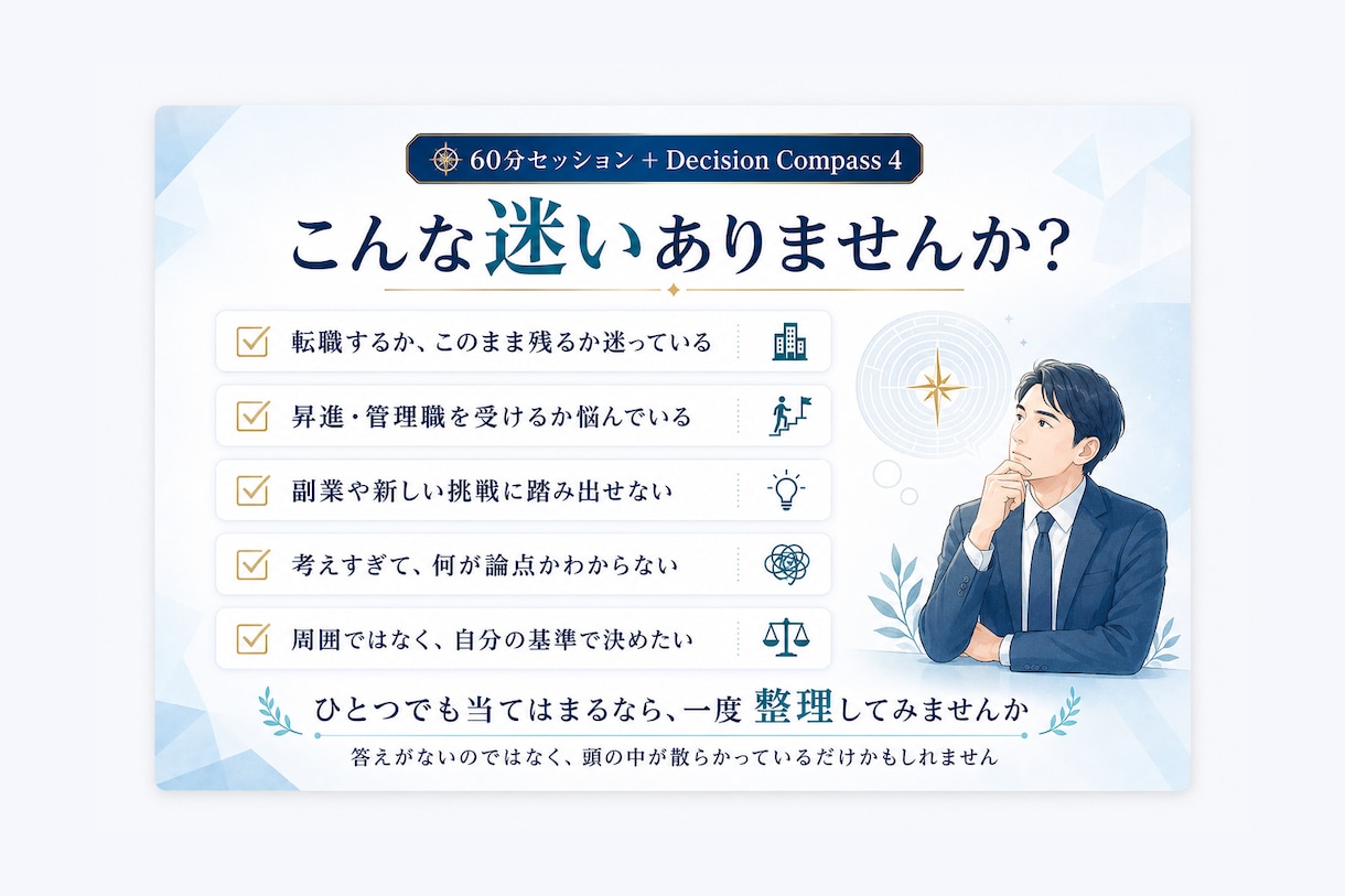 転職・仕事の迷いを60分で整理します ～価値・視点・感情・行動を整理し、次の一歩を見つけます～ イメージ2