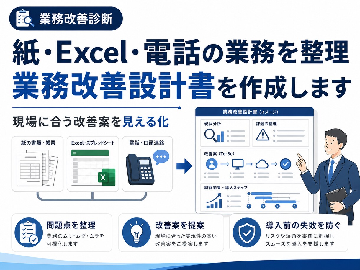 紙・Excel業務の問題を整理し改善設計書作ります 現場と管理側の認識をそろえ、システム導入前の失敗を防ぎます イメージ1