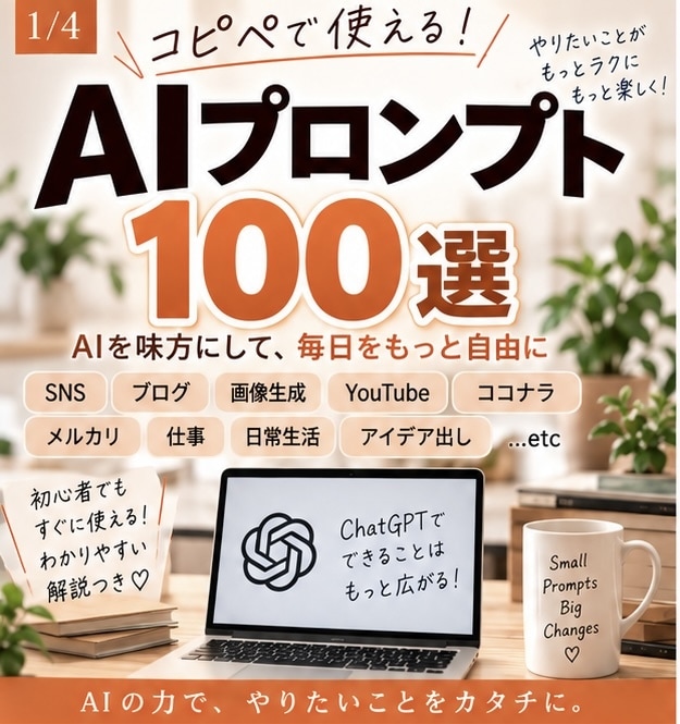 AI副業に使えるプロンプト100選をお届けします SNS・画像・ブログ・動画・販売・仕事までコピペで使えます イメージ1