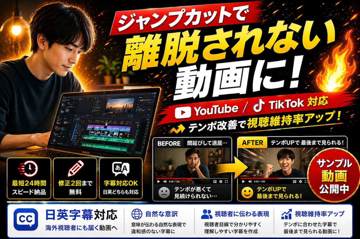 ジャンプカットでテンポの良い動画に編集します 離脱されない動画に改善します。英日テロップ対応 イメージ1