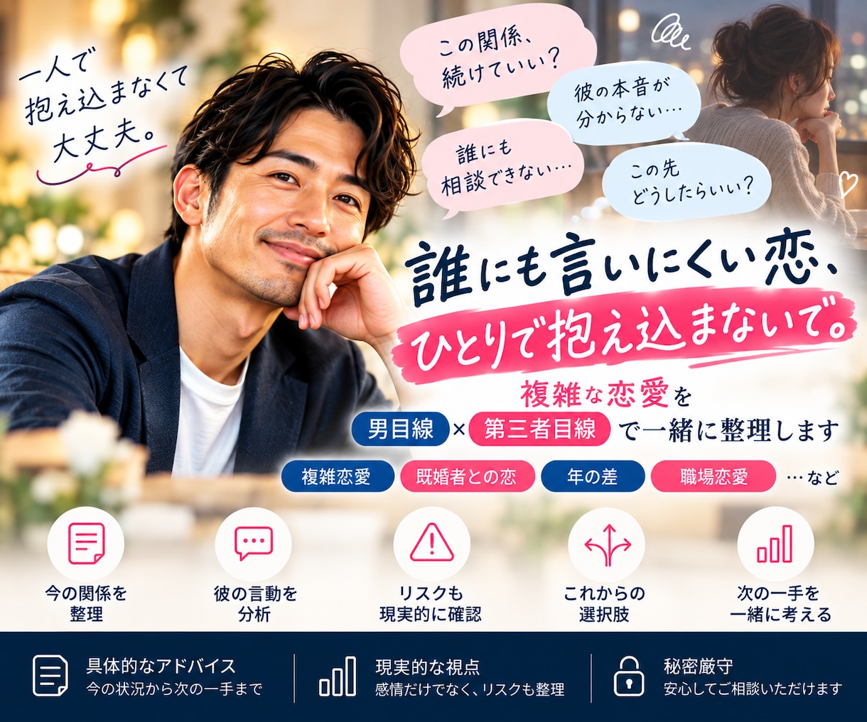 誰にも言いにくい複雑な恋を男目線で一緒に整理します 既婚者・年の差・職場恋愛など複雑な関係を否定せず整理します イメージ1