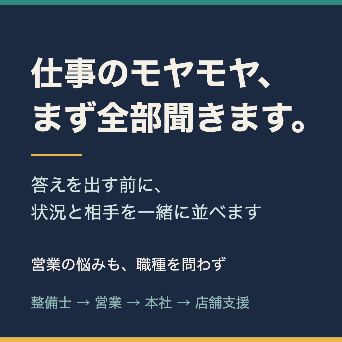 営業の悩みも、仕事のモヤモヤもお聞きします 整備士→営業→本社→店舗支援。売る現場にいた側から聞きます イメージ1