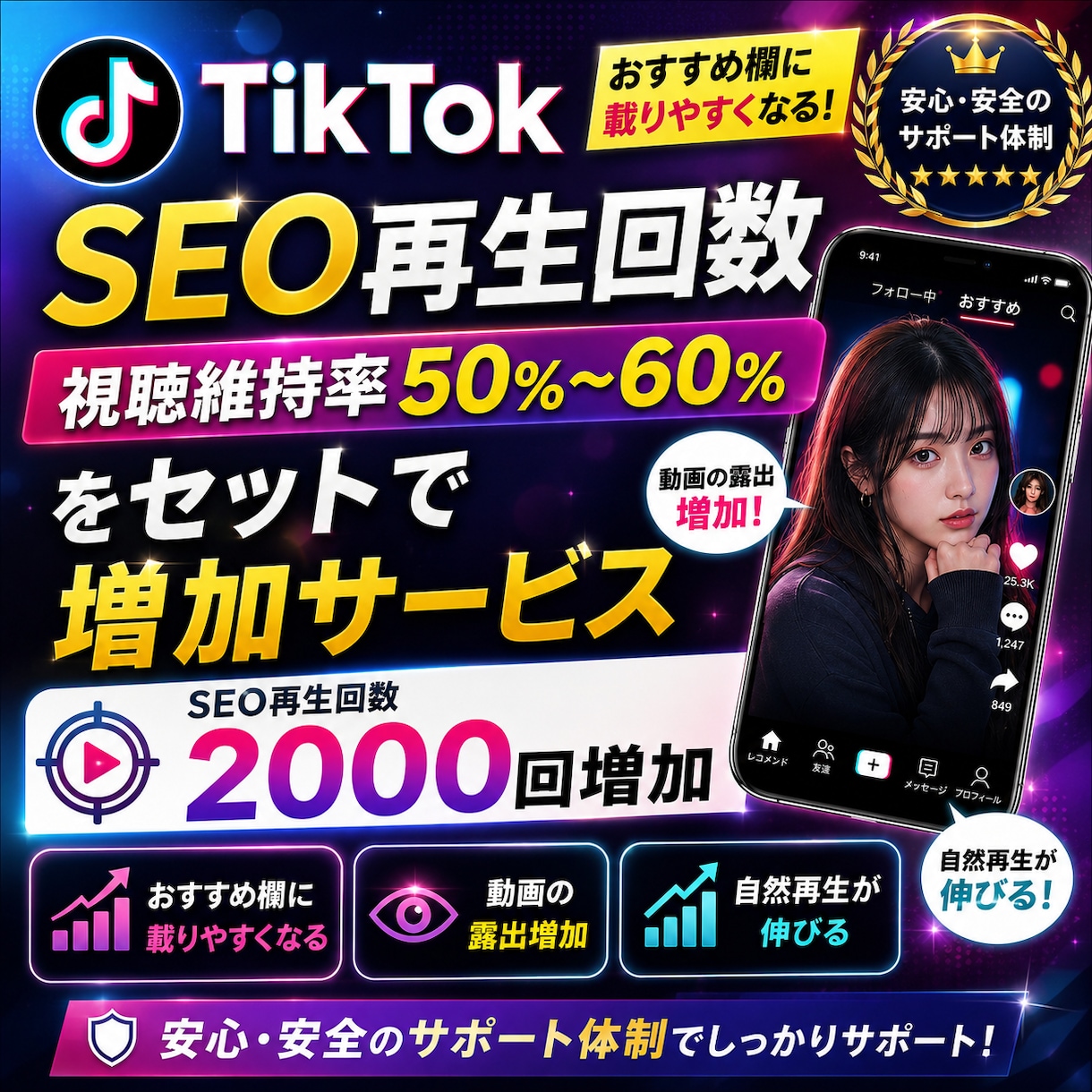 TikTok視聴率維持率とSEO再生回数増やします 高視聴維持率付きの再生回数を2000回増加します！収益化対応 イメージ1