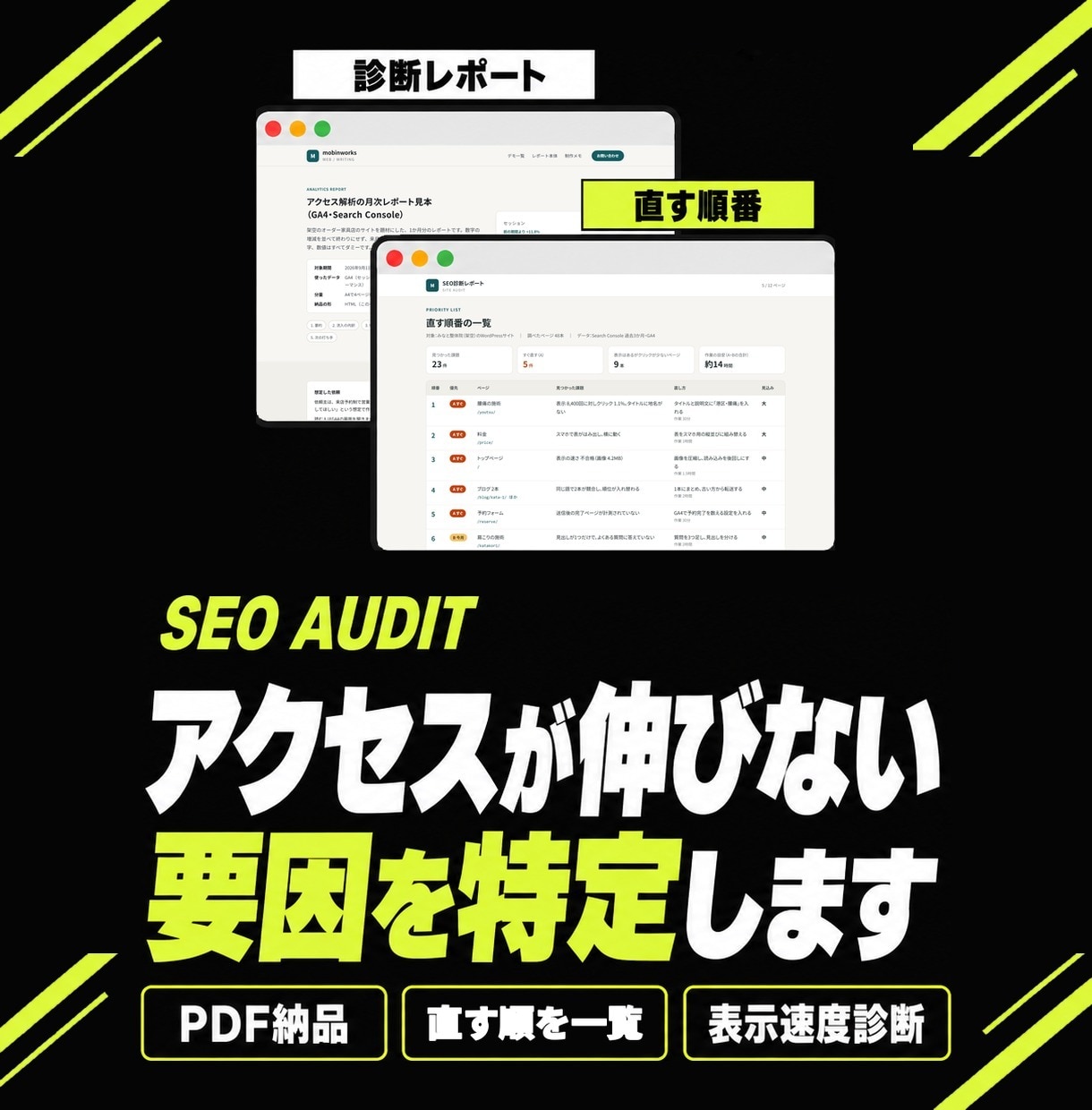 SEO診断でサイトの改善点をまとめます SEO対策・内部対策・サーチコンソール・GA4。直す順番つき イメージ1