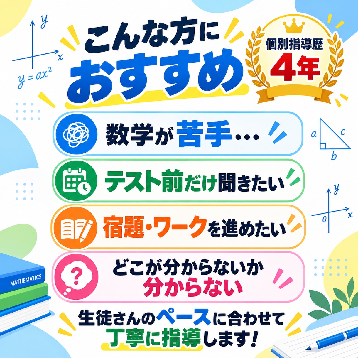 個別指導歴4年の講師が中学数学を教えます 50分1500円｜個別指導歴4年の講師が丁寧に指導 イメージ3