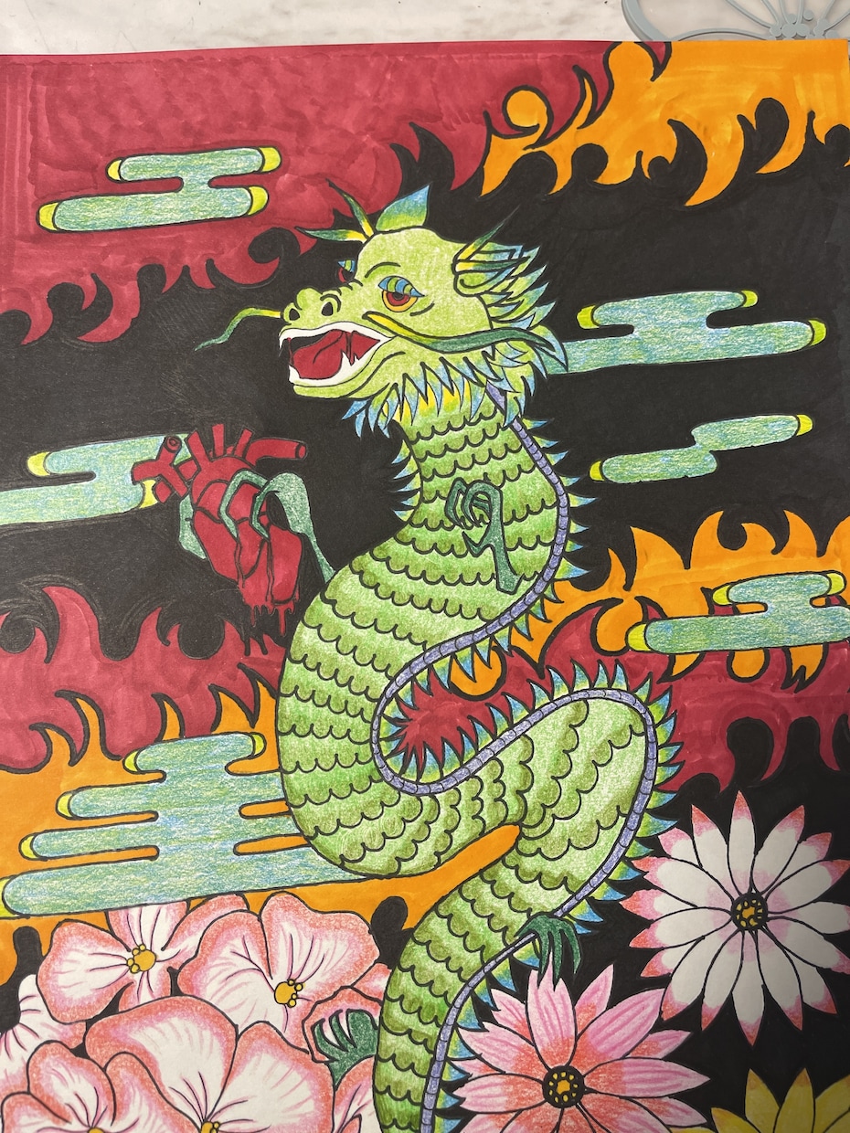 自己の感情を表現した作品を作成します 作品名：心臓を握る昇竜　初めて昇竜描きました。 イメージ2