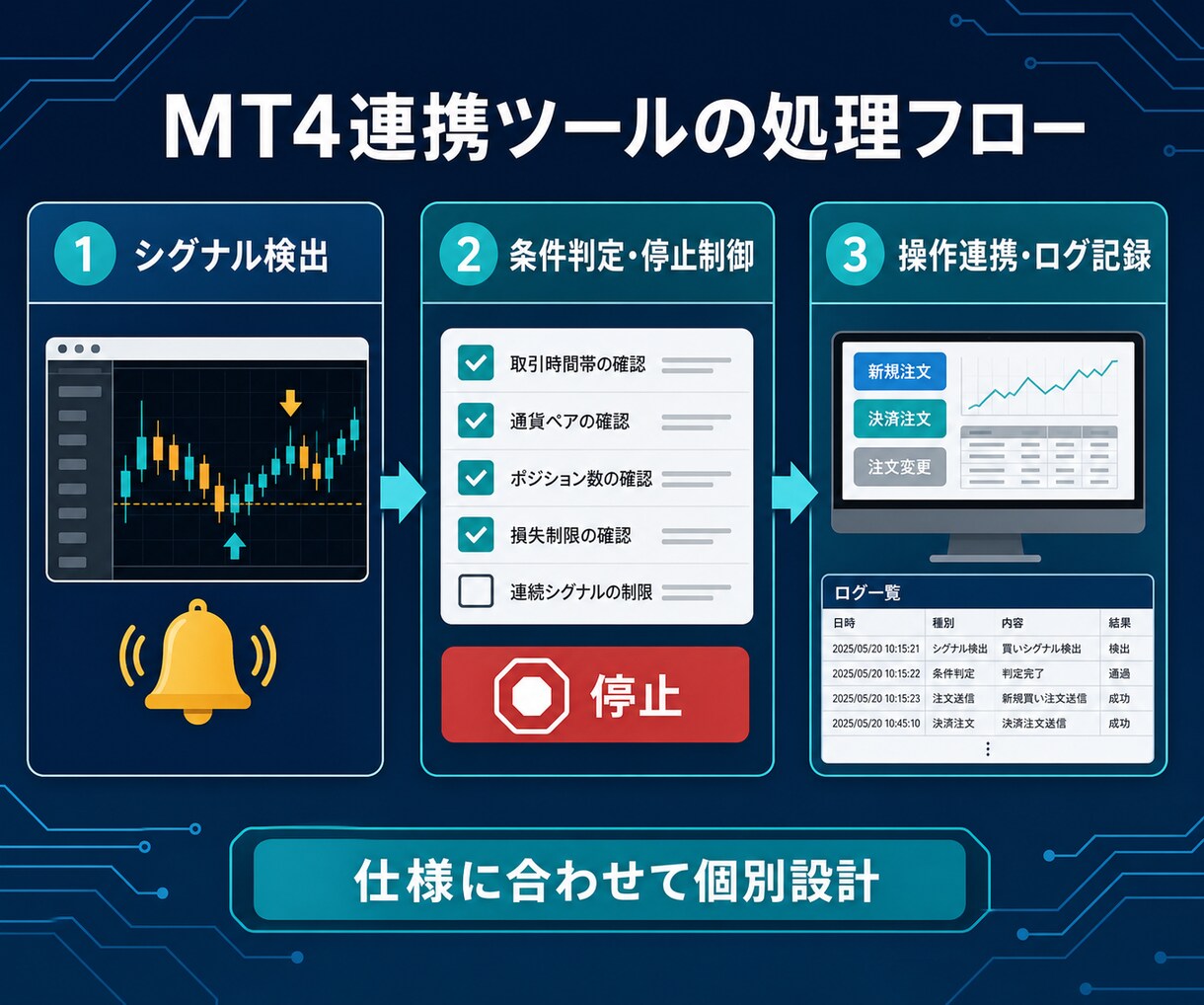 MT4サインツールを自動売買システム化します シグナル検出・停止制御・ログ記録まで個別設計 イメージ3