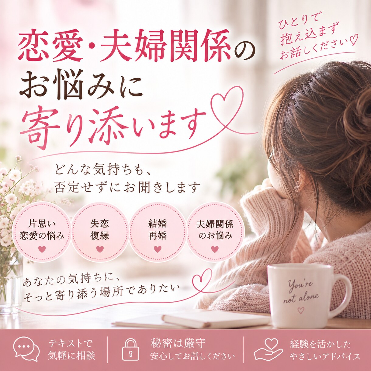 3度の結婚経験を活かし恋愛のお悩みに寄り添います 誰にも言えない気持ちも、否定せず丁寧にお聞きします イメージ1