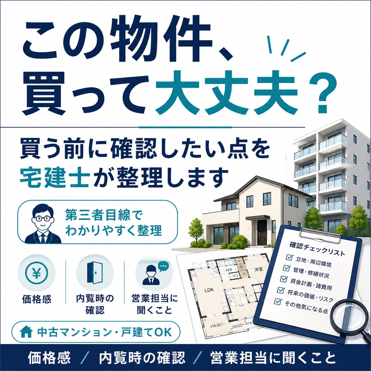 物件情報をもとに、買う前に確認したい点を整理します 内覧時や営業担当へ聞くことを宅建士が整理します イメージ1