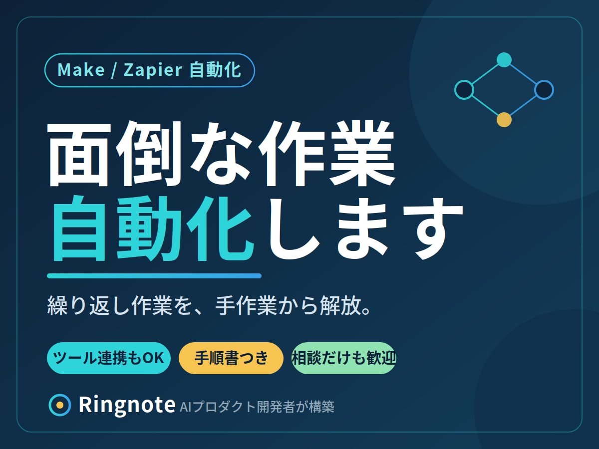 Make/Zapierで面倒な作業を自動化します 繰り返し作業をまるごと自動化。手作業から解放されます イメージ1