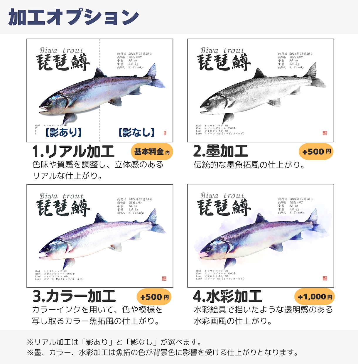 デジタル魚拓：リアル/墨/カラー/水彩から選べます 手刷り魚拓のような風合いで、一味違うデザインをお求めの方へ イメージ3