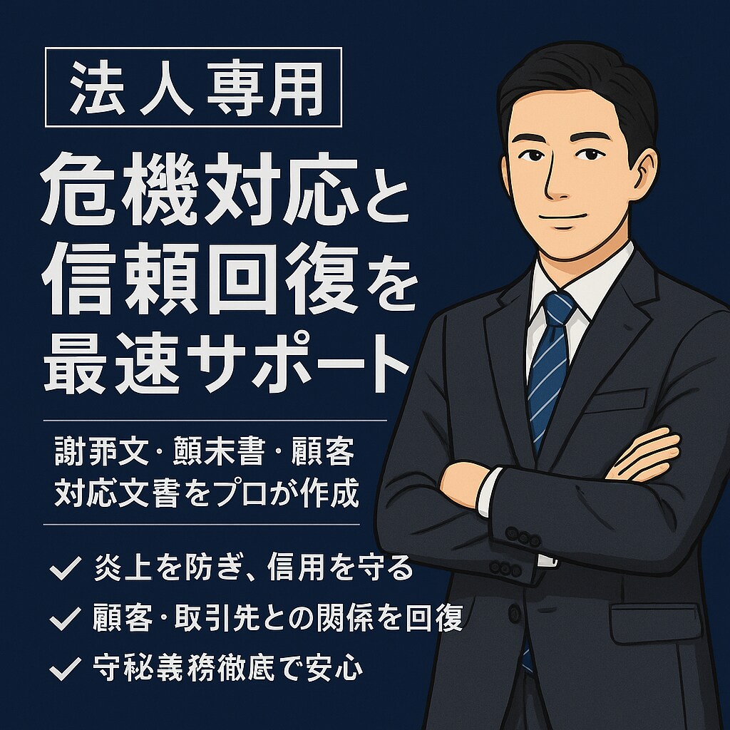 法人向け 信頼回復に強い謝罪文・顛末書を作成します 「炎上回避」と「信頼回復」 法人向け謝罪文・顛末書を作成！ イメージ1