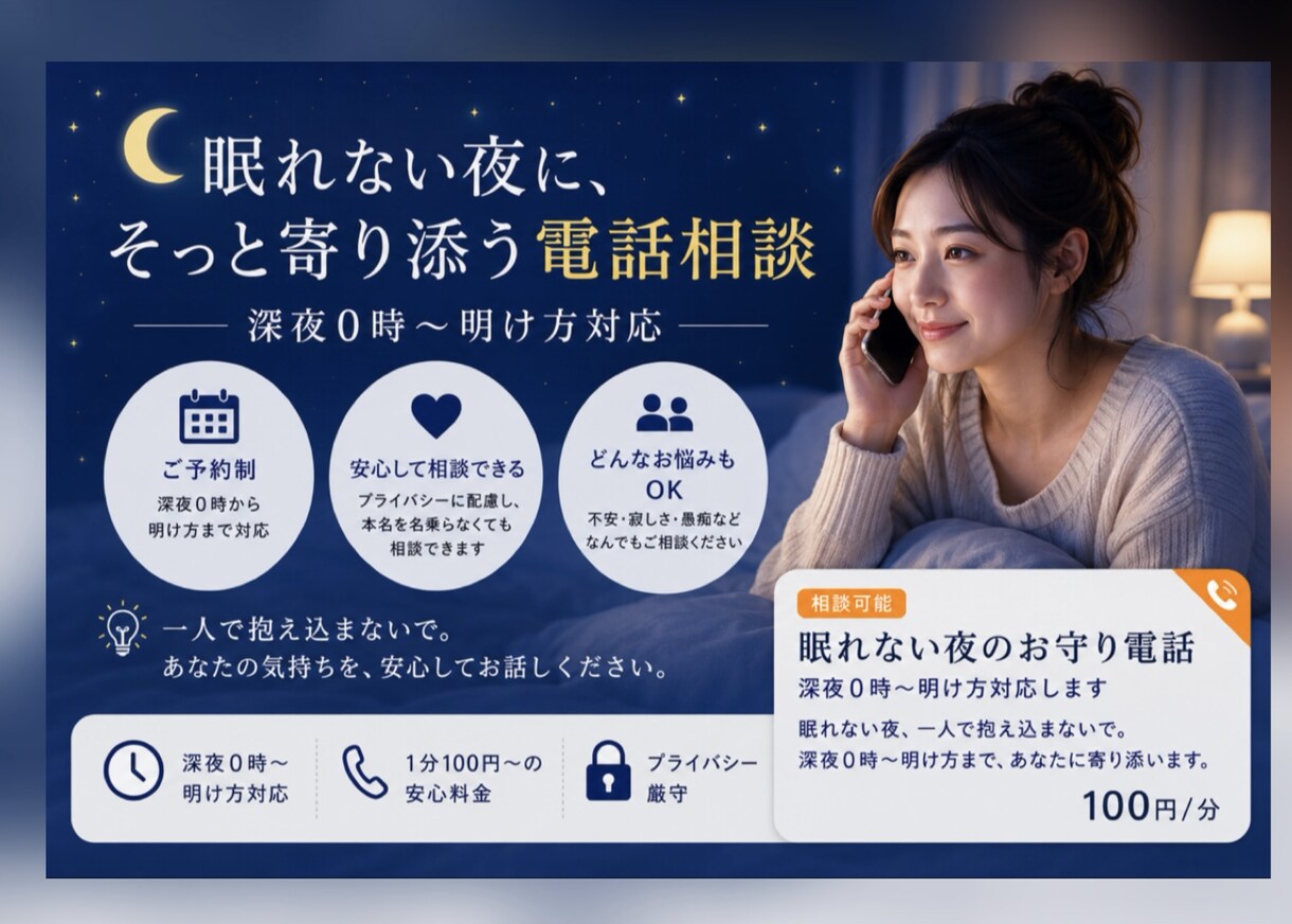 眠れない夜のお守り電話｜深夜0時〜明け方対応します 眠れない夜も一人じゃない。あなたの話にじっくり寄り添います。 イメージ1