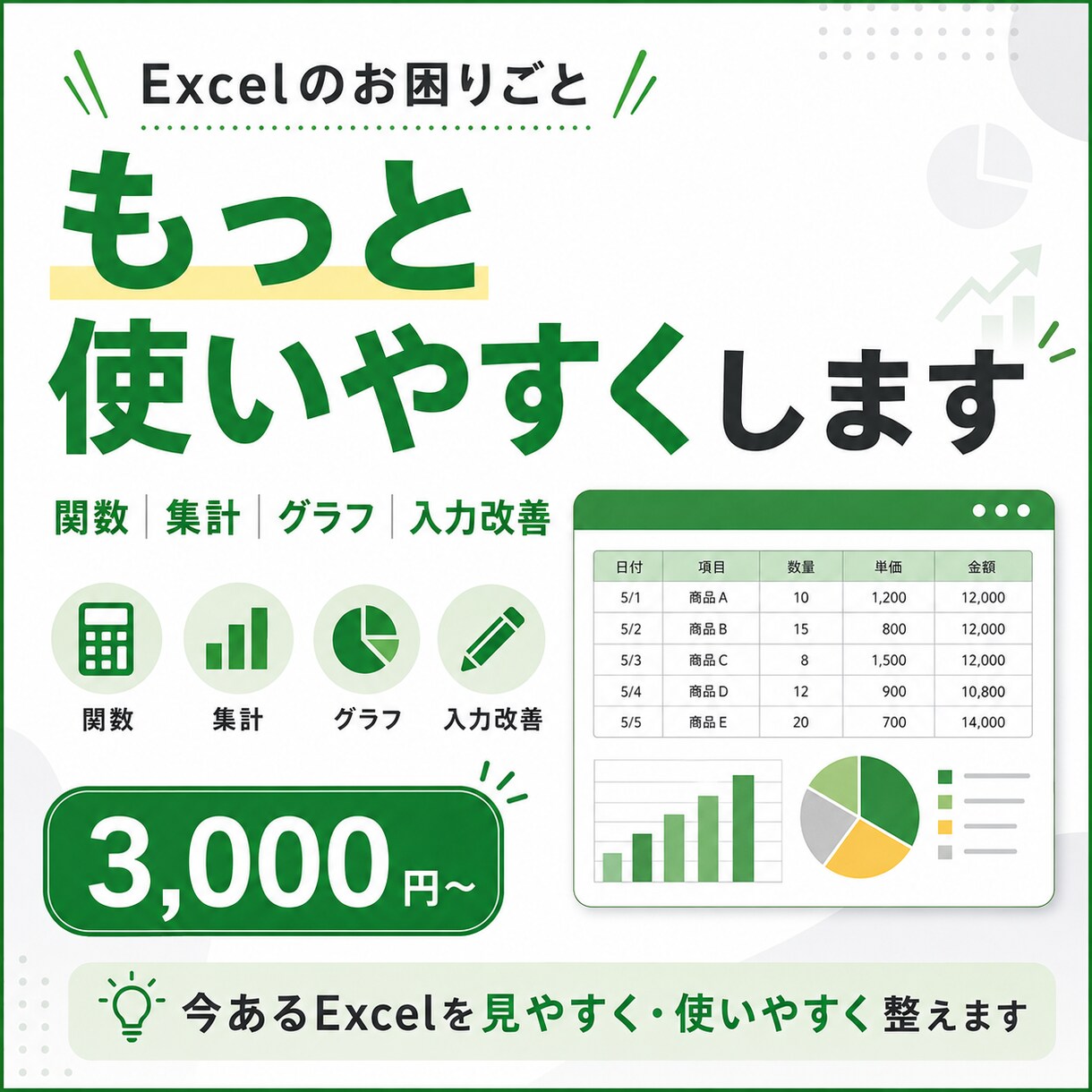 今あるExcelを見やすく・使いやすく整えます 関数・集計・入力しやすさなど、Excelのお悩みを改善します イメージ1