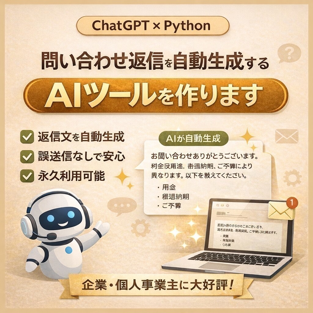 問い合わせ返信を自動生成するAIツールを作ります 問い合わせ対応を“作業”から“自動化された仕組み”へ イメージ1