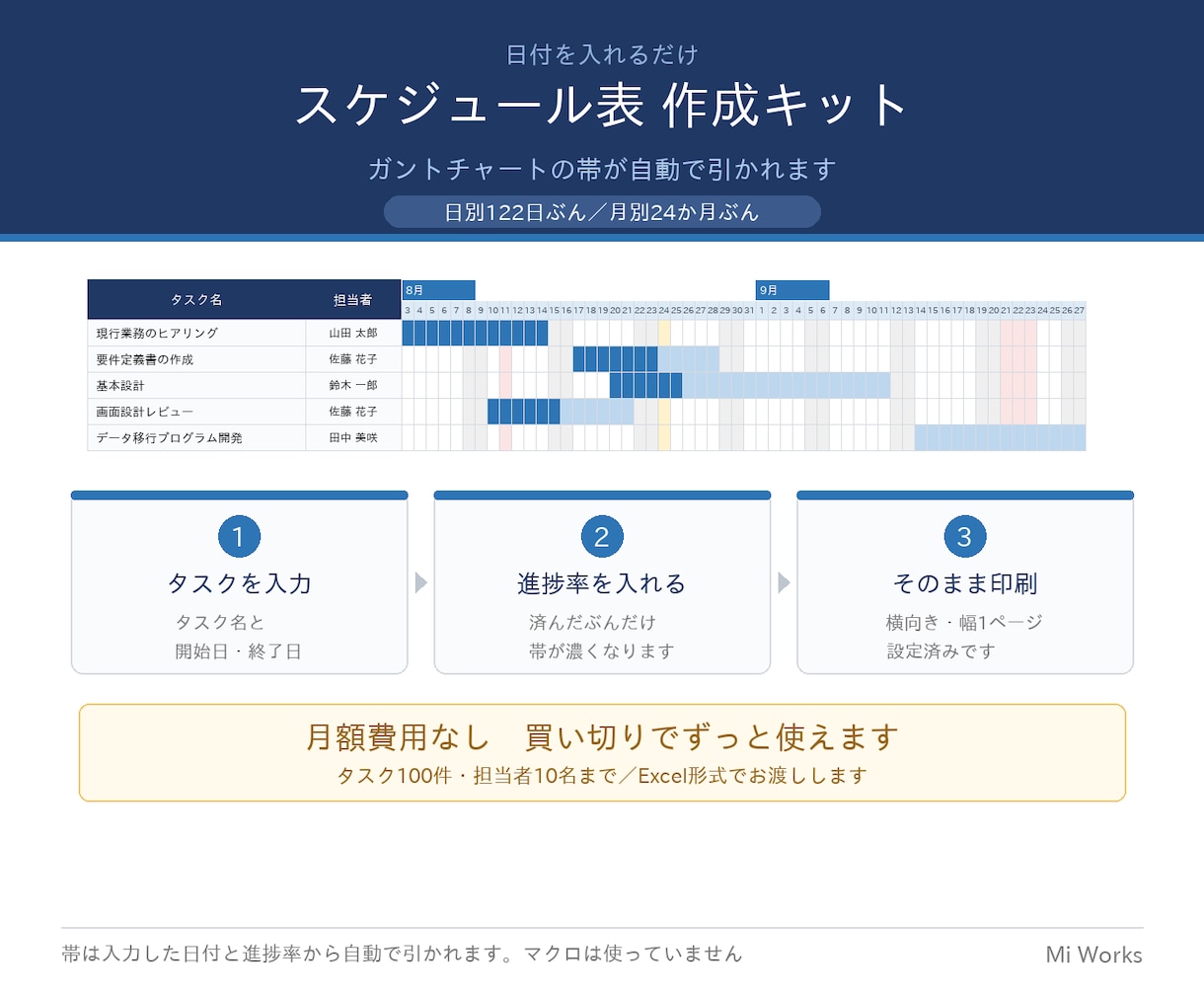 ガントチャート式スケジュール表を販売します 日付を入れるだけで帯が引かれる｜遅延も自動表示 イメージ1