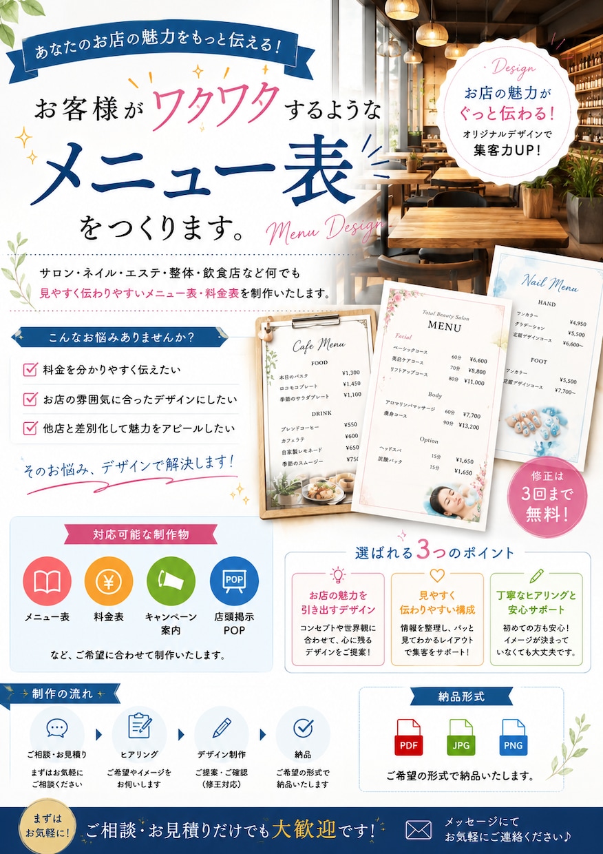ワクワクするメニュー表をつくります 見やすく伝わりやすいメニュー表・料金表を制作いたします。 イメージ1