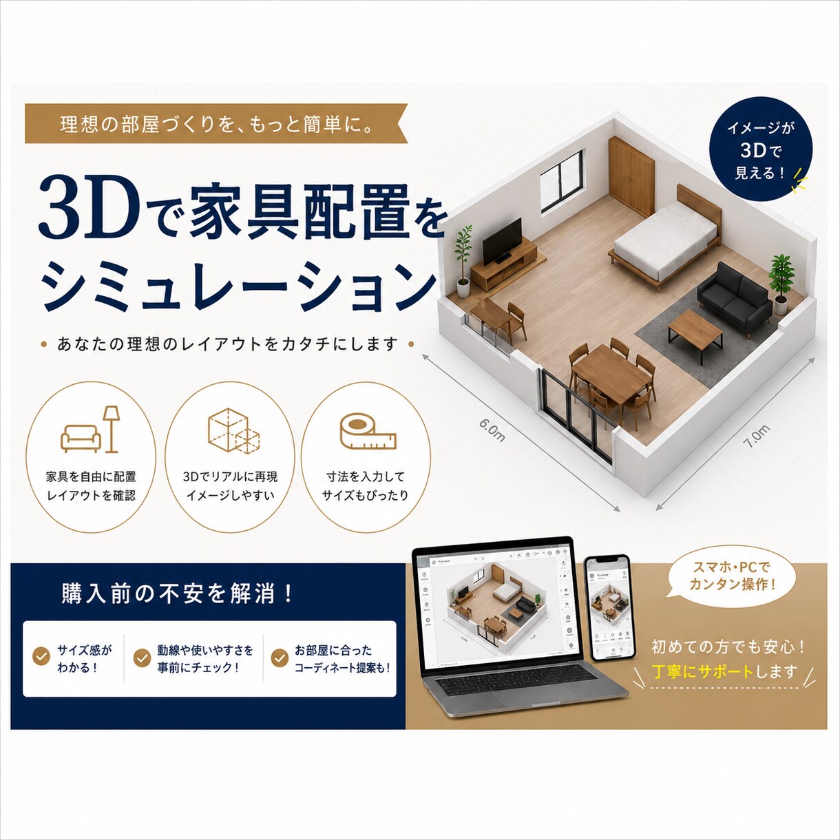 引越し前の家具配置をスマホ3Dで再現します 写真と寸法を送るだけ。スマホで動く3D空間で家族と配置を検討 イメージ1