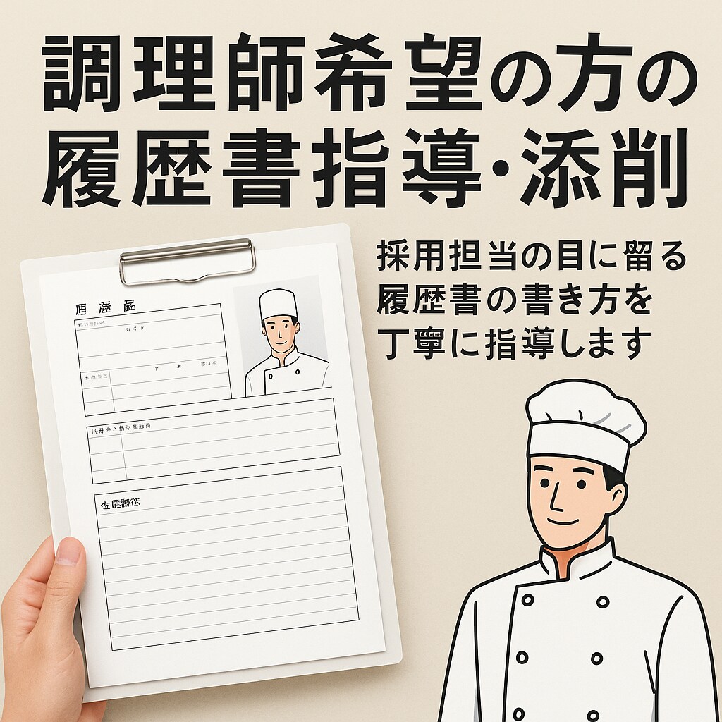 調理師希望の方！履歴書・志望動機の書き方指導します 採用担当が目を引く！調理師志望専用の履歴書サポート イメージ1