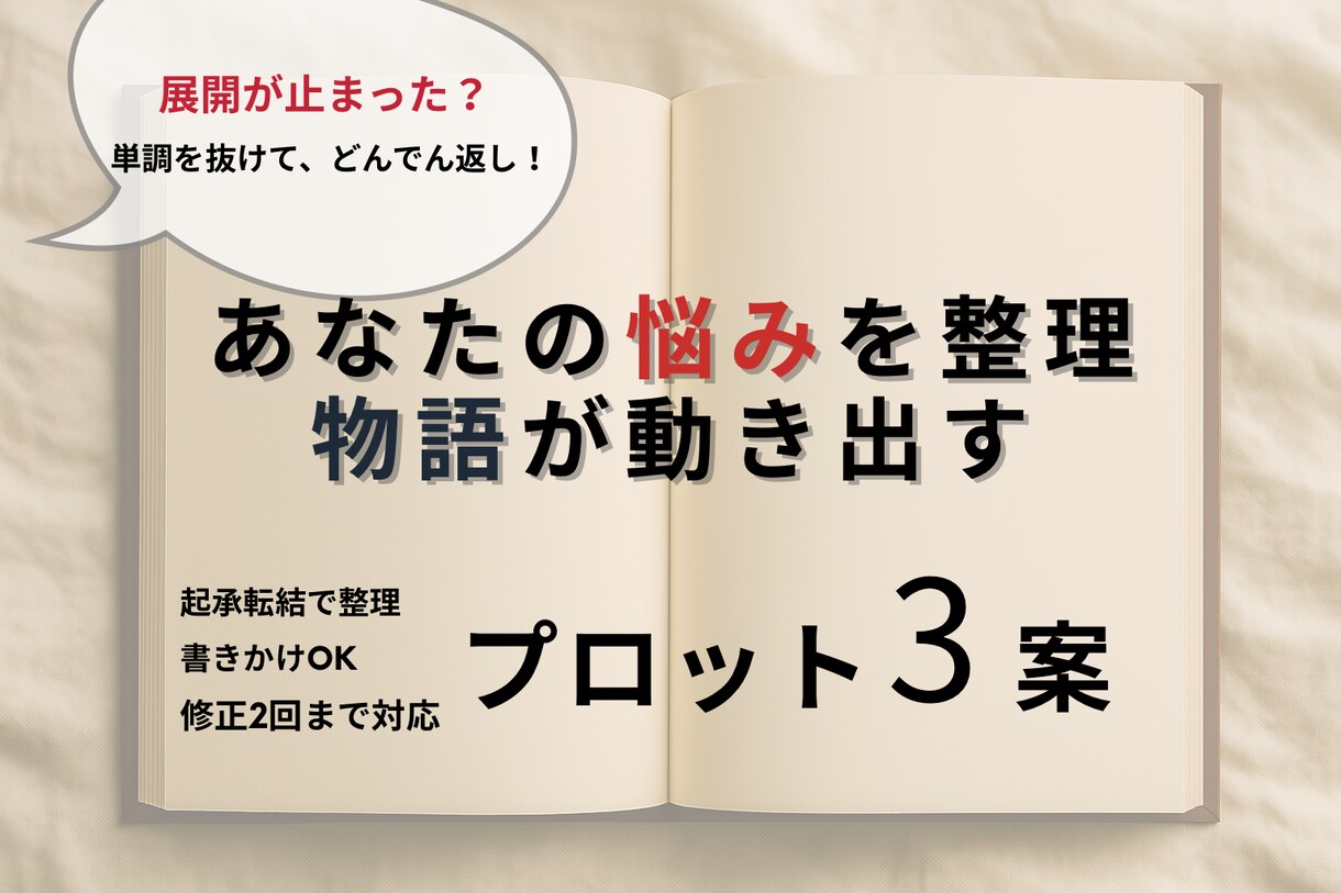 停滞物語に驚きのプロット3案で解決に導きます 起承転結で整理し、物語の魅力を一緒に引き出します！ イメージ1