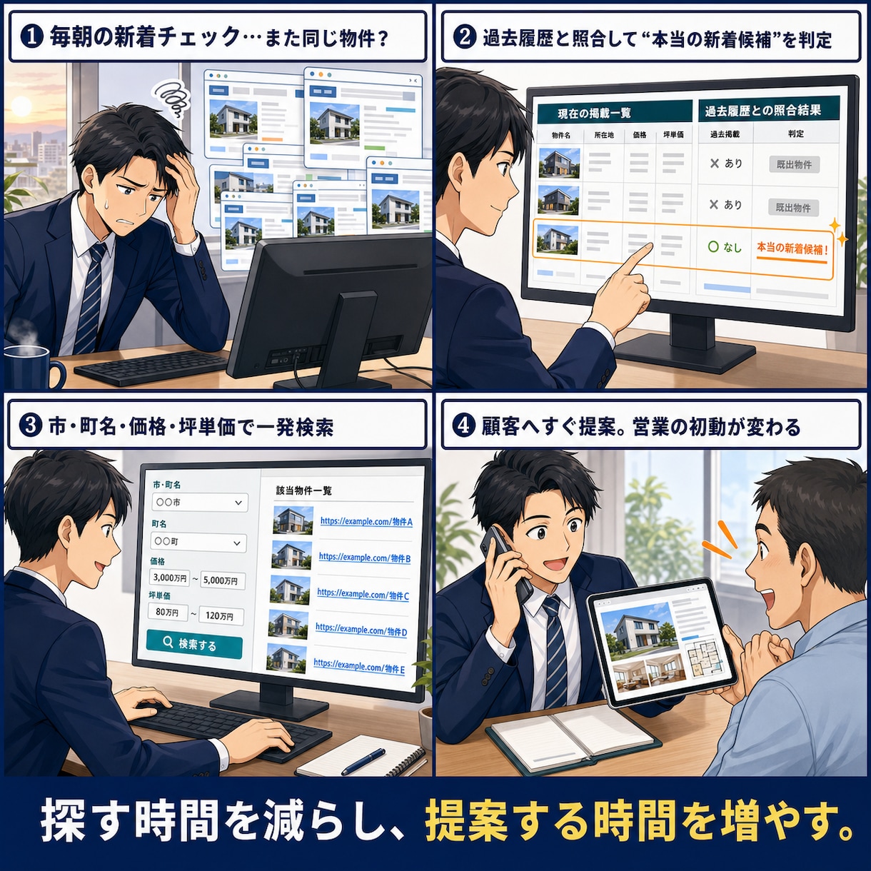 新着物件を見つけやすい検索画面を提供します 対象エリア全体から初回確認日・駅徒歩で絞り込み イメージ2