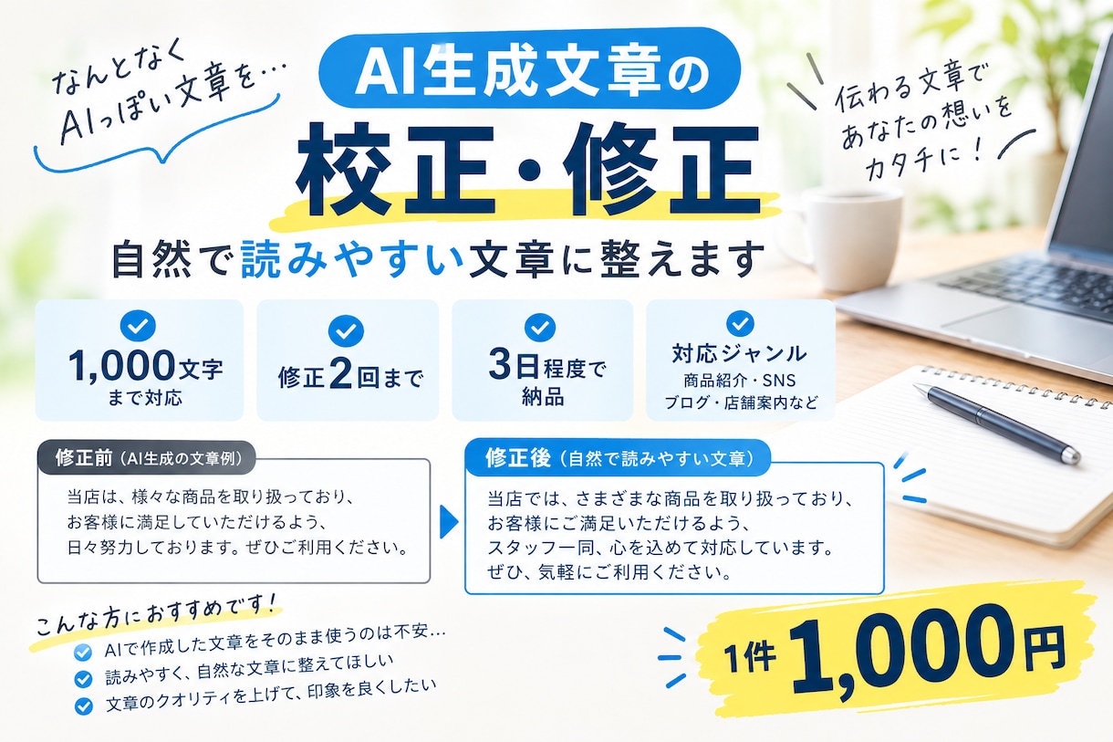 AI生成文章を自然で読みやすい文章に修正します AIっぽい不自然な表現を整えて、伝わりやすい文章に仕上げます イメージ1