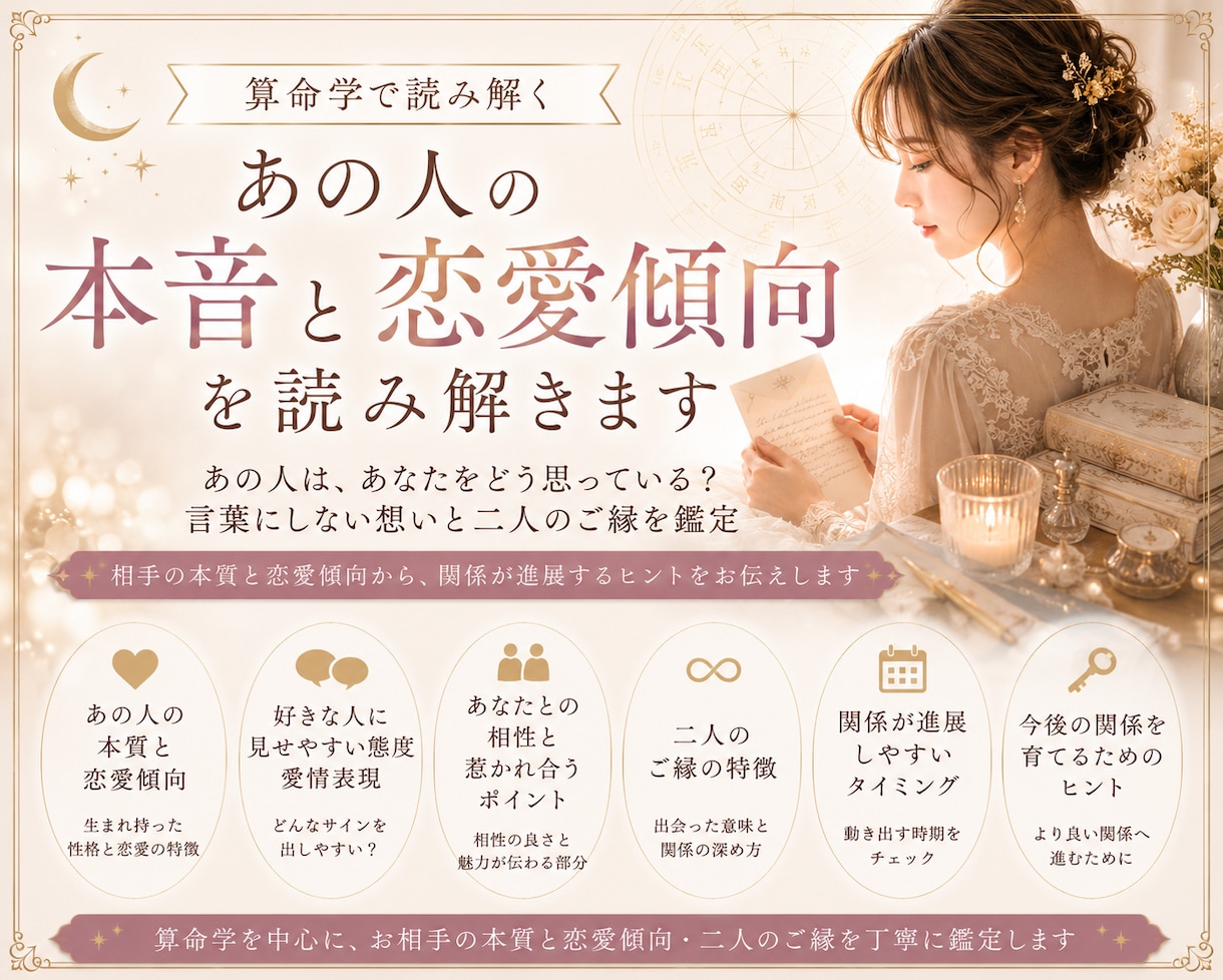 算命学であの人の本音と恋愛傾向を読み解きます 言葉にしない想いと二人のご縁を丁寧に鑑定 イメージ1