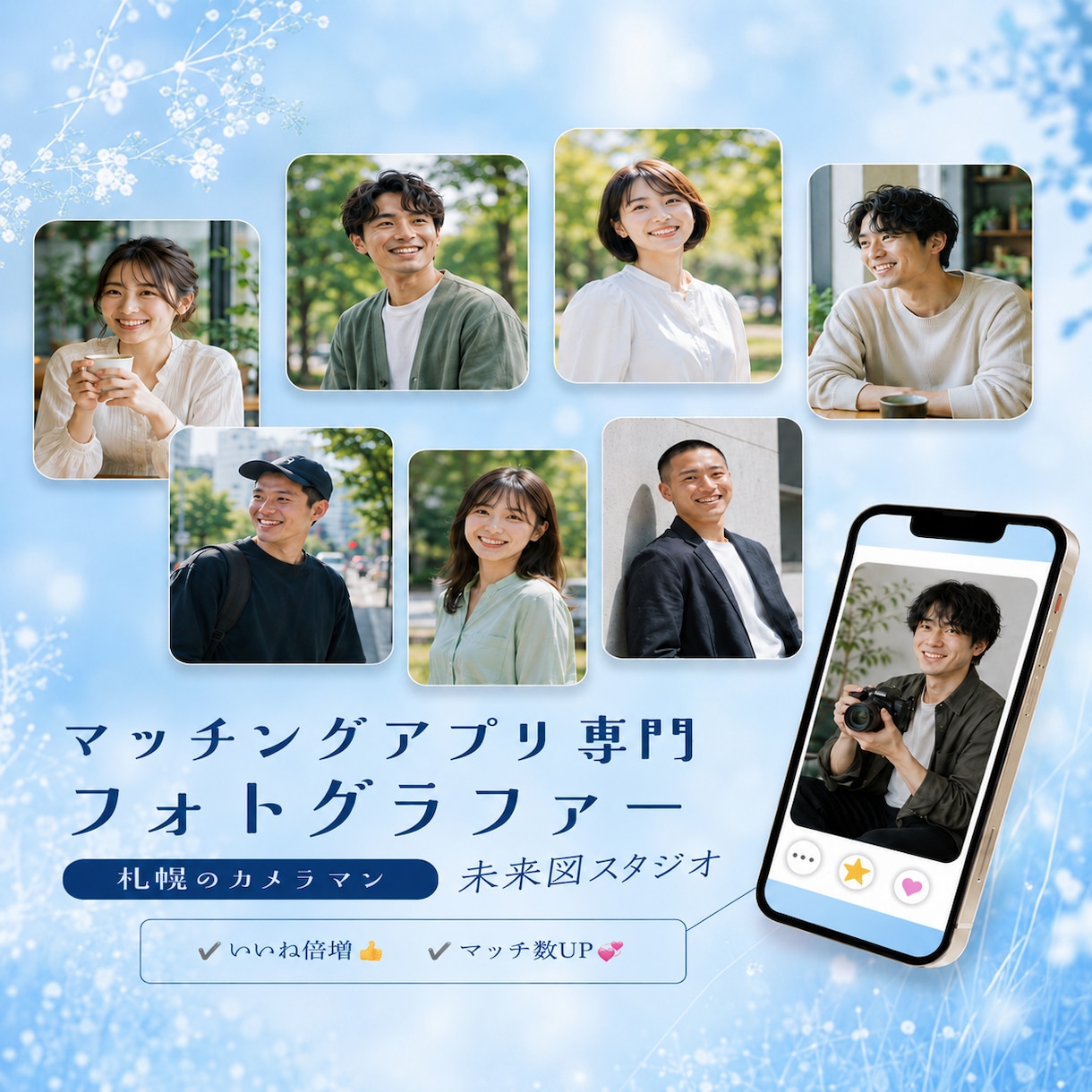 マッチングアプリで異性から選ばれる写真を撮影します 札幌近郊/いいね！ゼロ脱却！会いたいと思われる奇跡の1枚に イメージ1