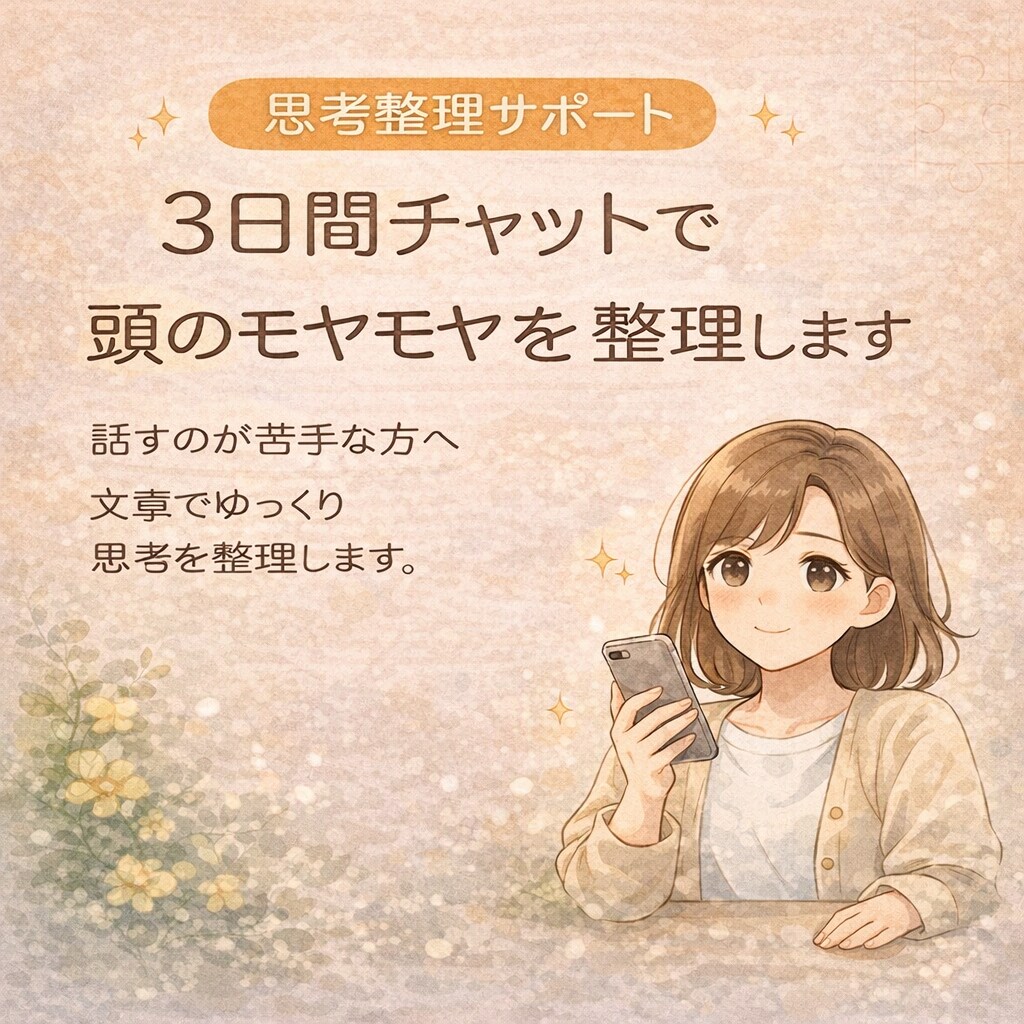 頭の中のモヤモヤを3日間チャットで整理します 話すのが苦手な方へ。文章でゆっくり思考を整理します。 イメージ1