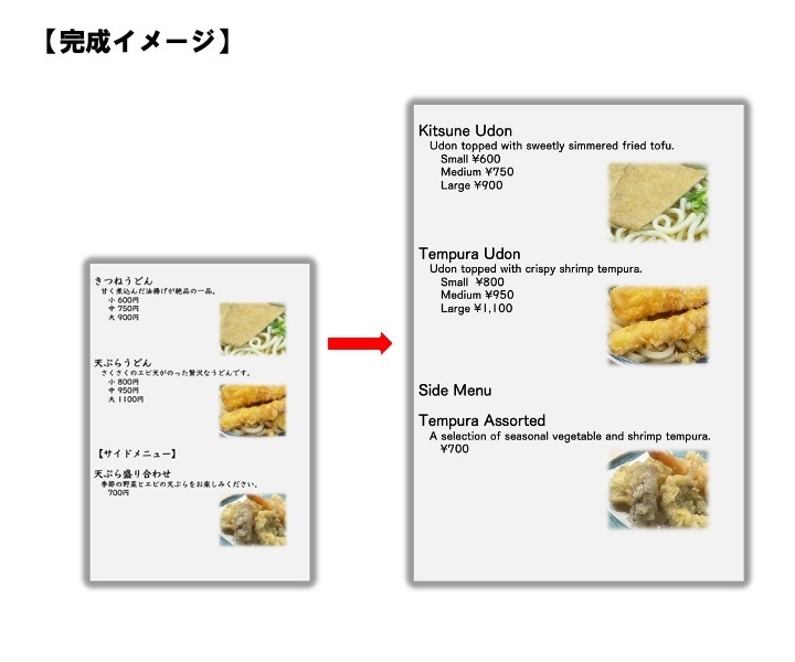 先着限定価格!飲食店様のメニュー・掲示を英訳します 全部丸投げ可。翻訳&レイアウト手数料込み! イメージ2