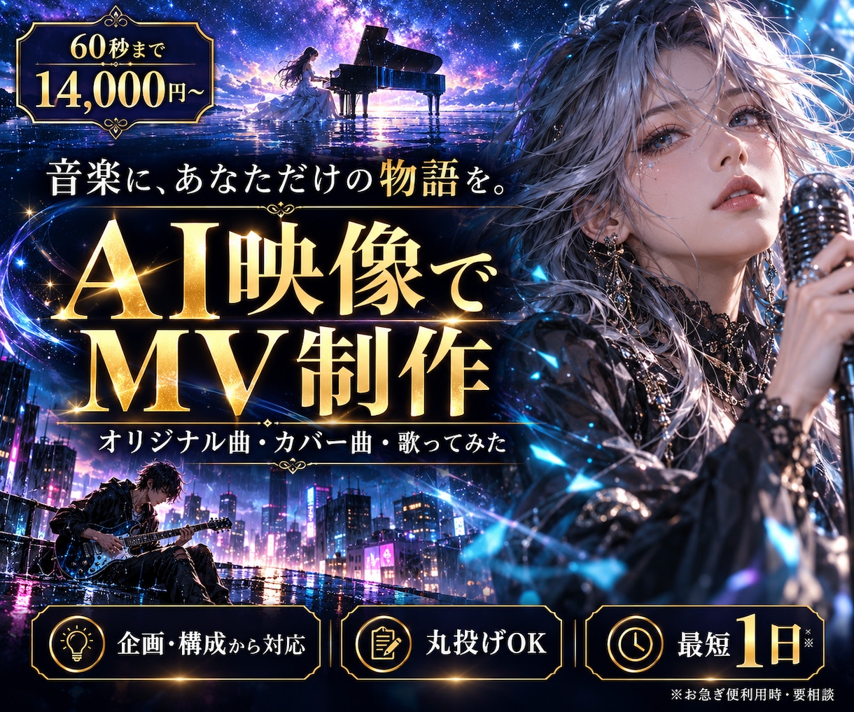 AI映像生成でオリジナルMVを制作します オリジナル曲、カバー曲など、MVをAI映像で制作致します！ イメージ1
