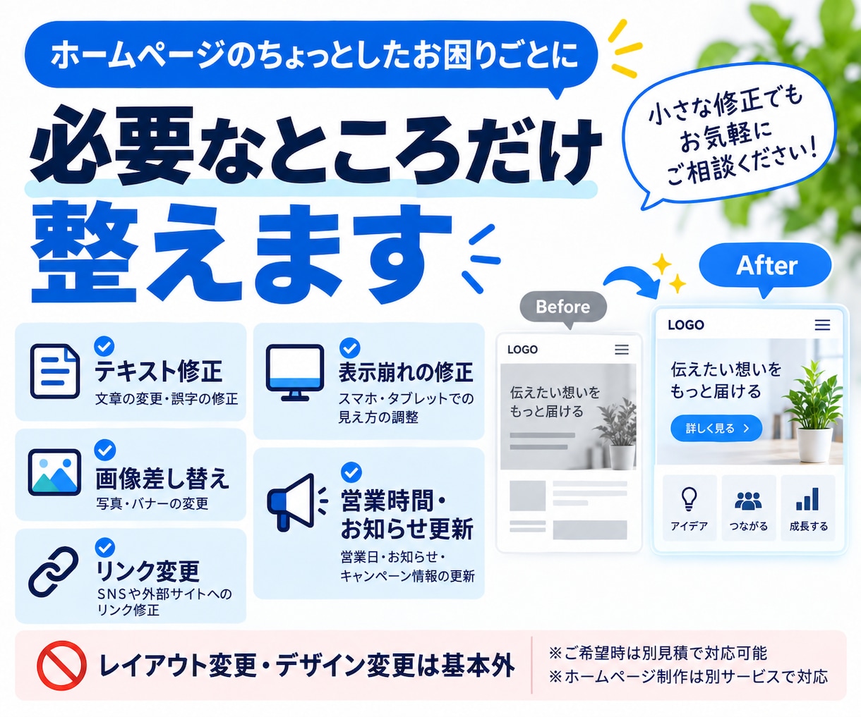 ホームページの文章や写真を部分修正します 変える場所と内容が決まった小さな更新に イメージ3