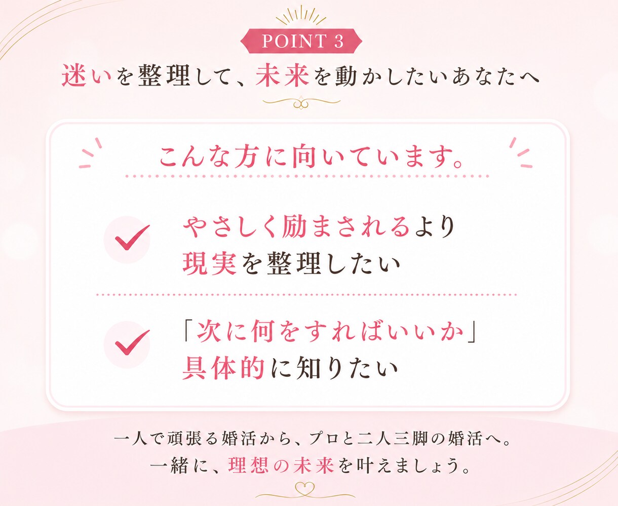 婚活迷子の本音を整理する壁打ち相談をします 婚活の迷いを整理して納得の選択へ＜女性専用＞ イメージ4