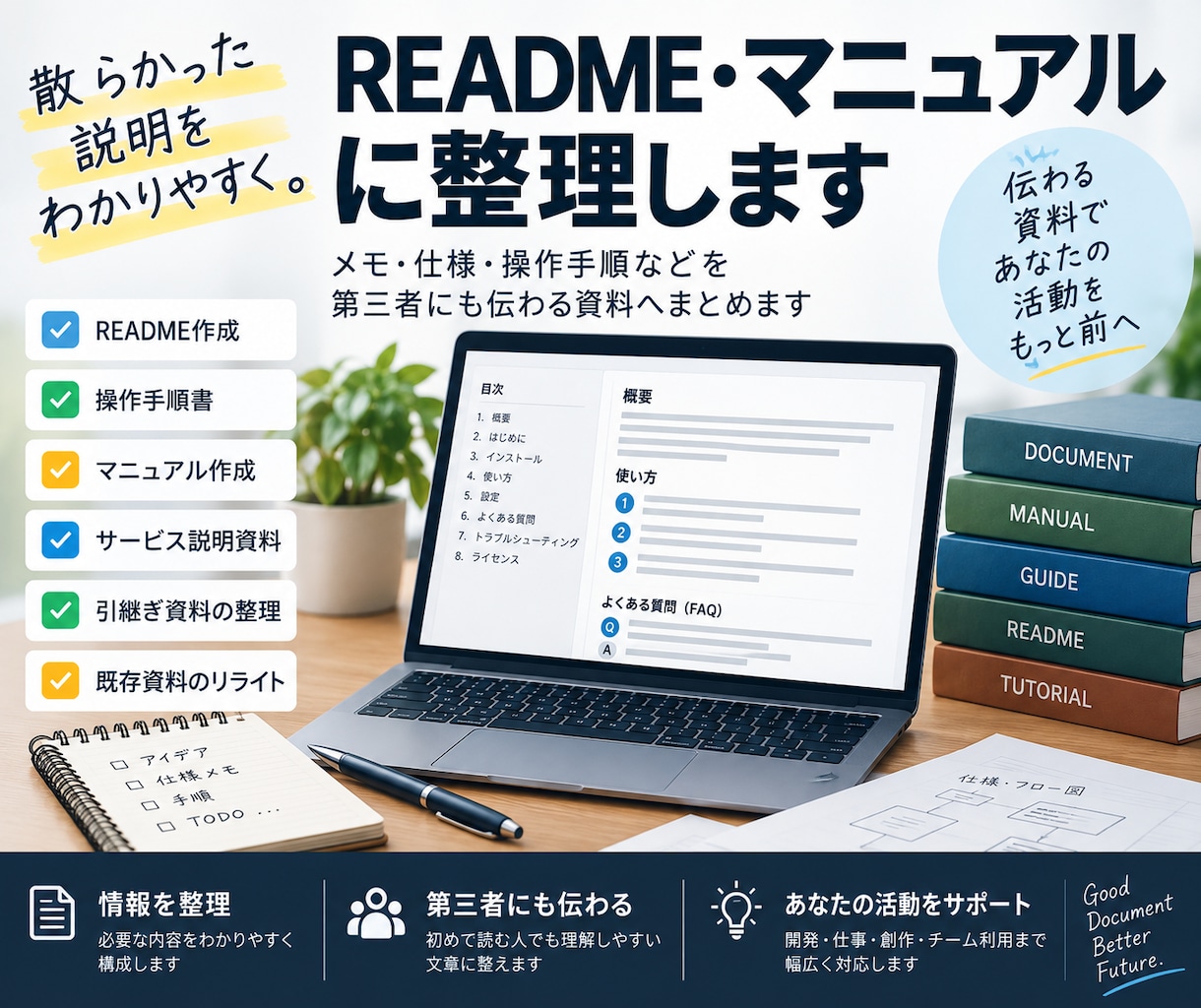 散らかった説明をREADME・マニュアル整理します メモ・仕様・操作手順などを第三者にも伝わる資料へまとめます イメージ1