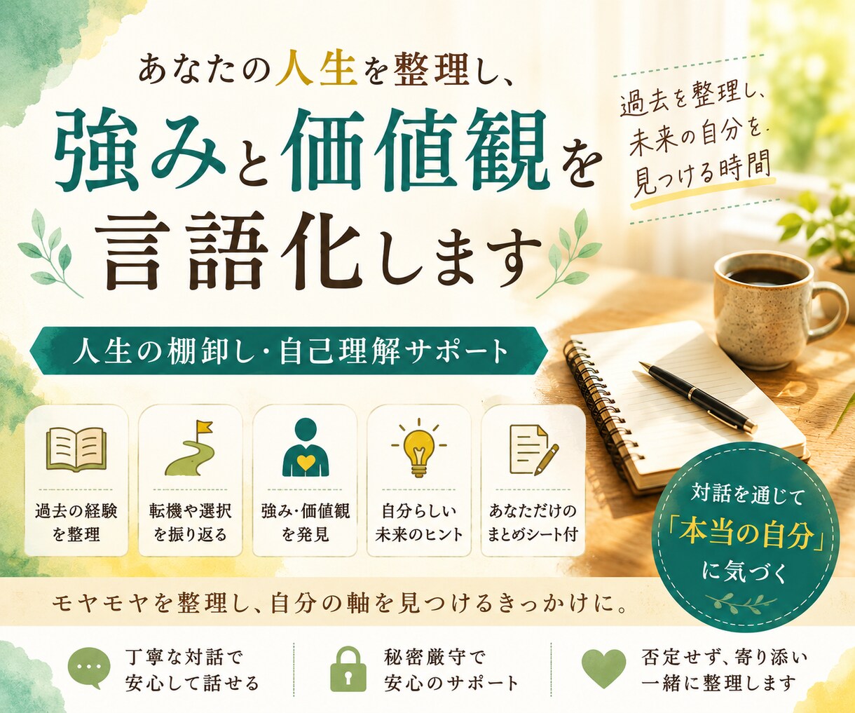 あなたの人生を整理し、強みと価値観を言語化します バラバラだった人生経験を、一本のストーリーにまとめます イメージ1