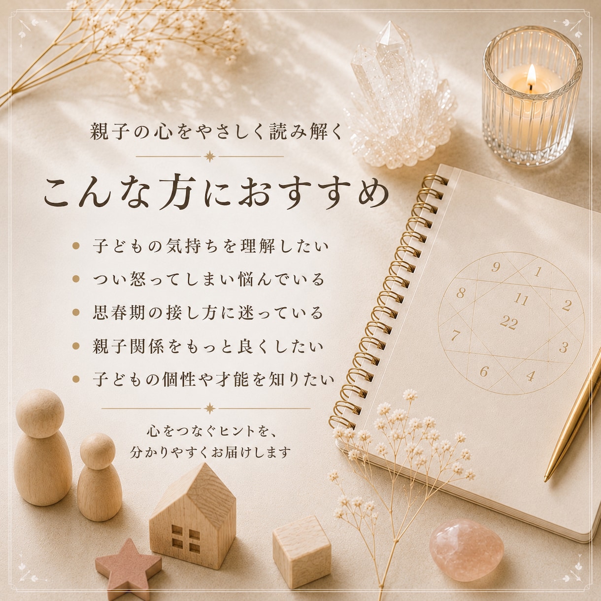 親子の相性を数秘術×心理学で読み解きます 親子だからこそ分からなくなる気持ちを、優しく読み解きます。 イメージ2