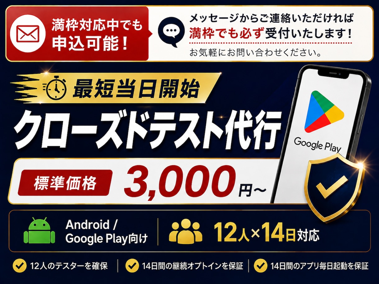 Androidクローズドテスト実施を代行します QAエンジニア12名が14日間のテストを代行【最短当日開始】 イメージ1
