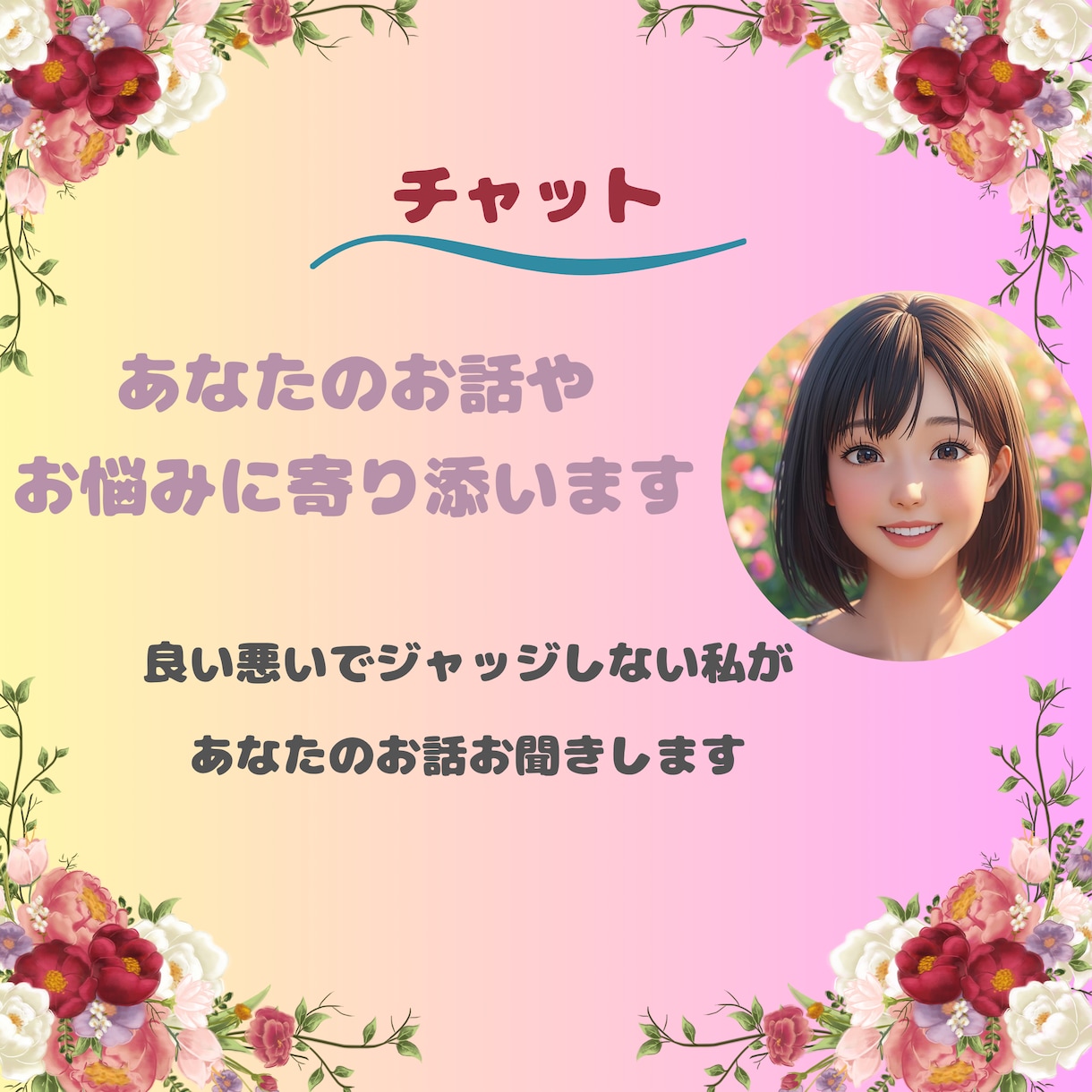 チャットで気軽にお悩み相談☆すべてを受けとめます 良い悪いで判断しない私だから聞けるお悩みやお話があります！ イメージ1