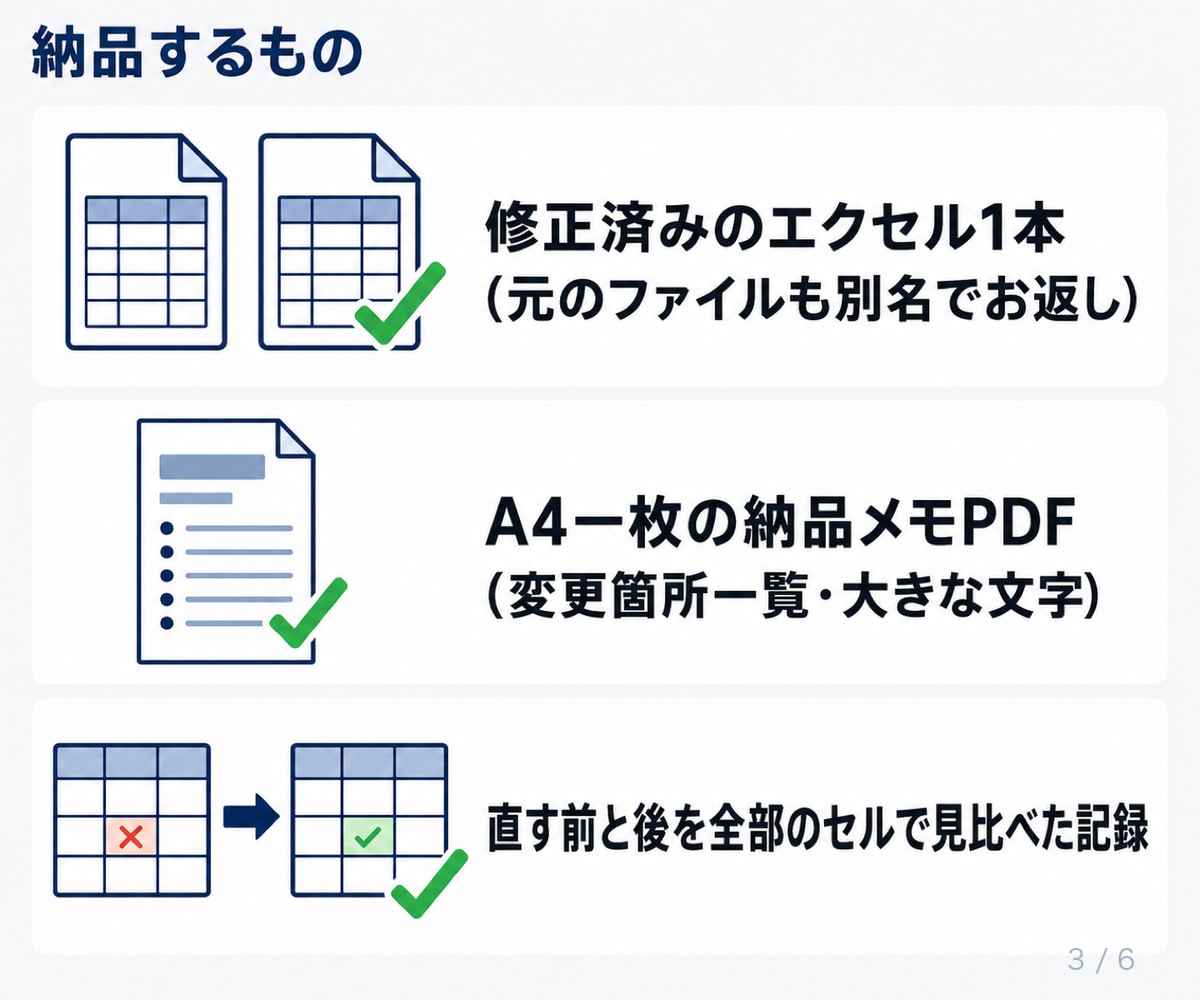 壊れた・開けない・計算が合わないエクセルを直します ファイルを送るだけ。どこを直したかの一枚メモ付きで返します イメージ3