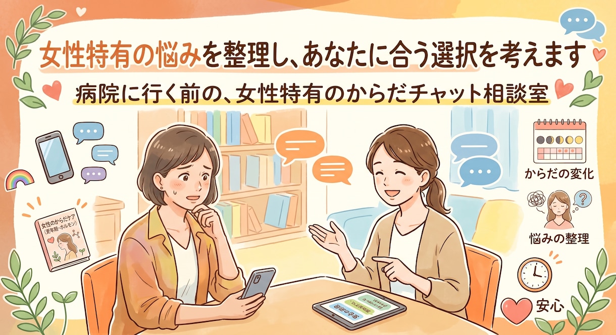 女性特有の悩みを整理し、あなたに合う選択を考えます 病院に行く前の、女性特有のからだチャット相談室 イメージ1